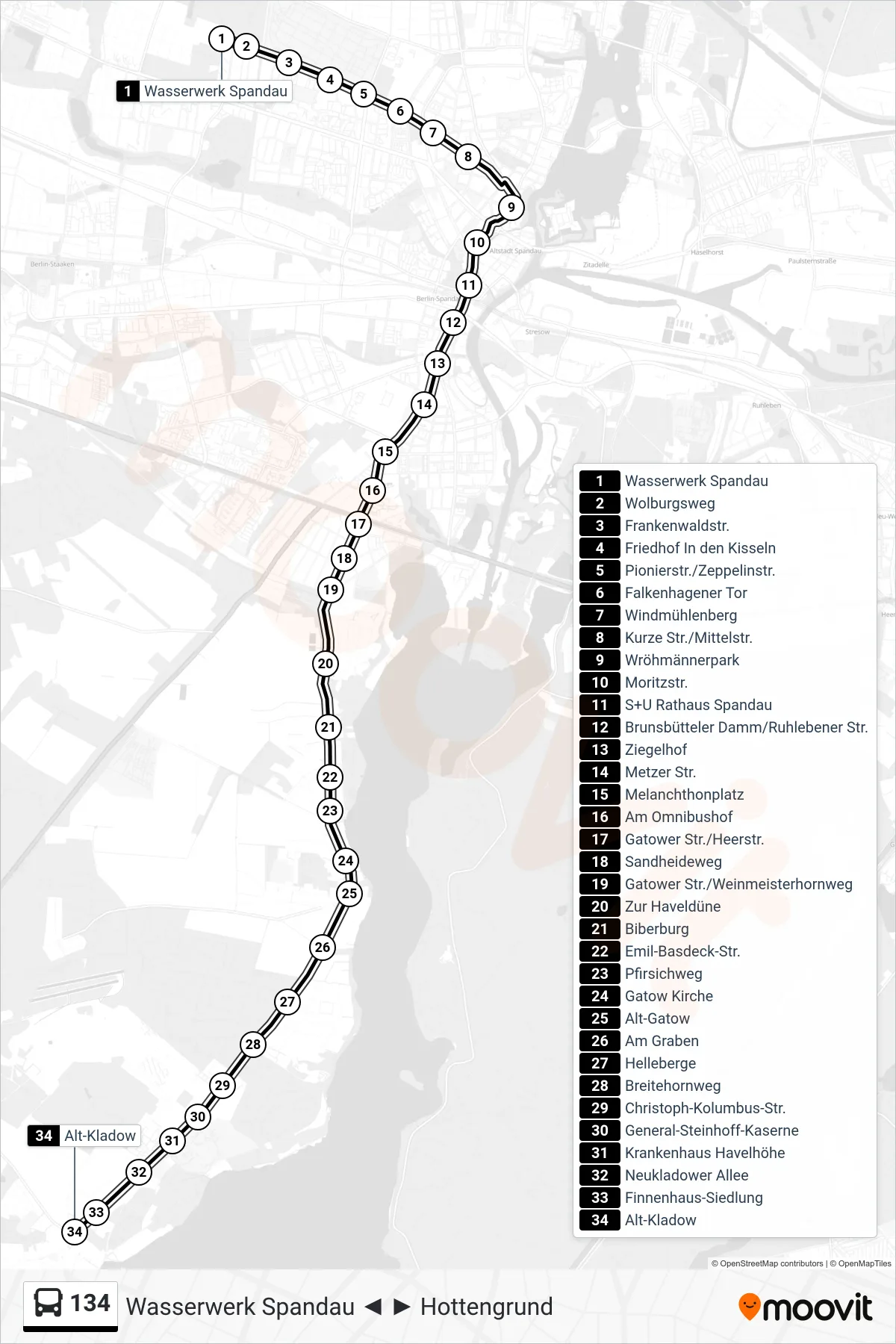 134 bus Line (Alt-Kladow) route and stops on a map