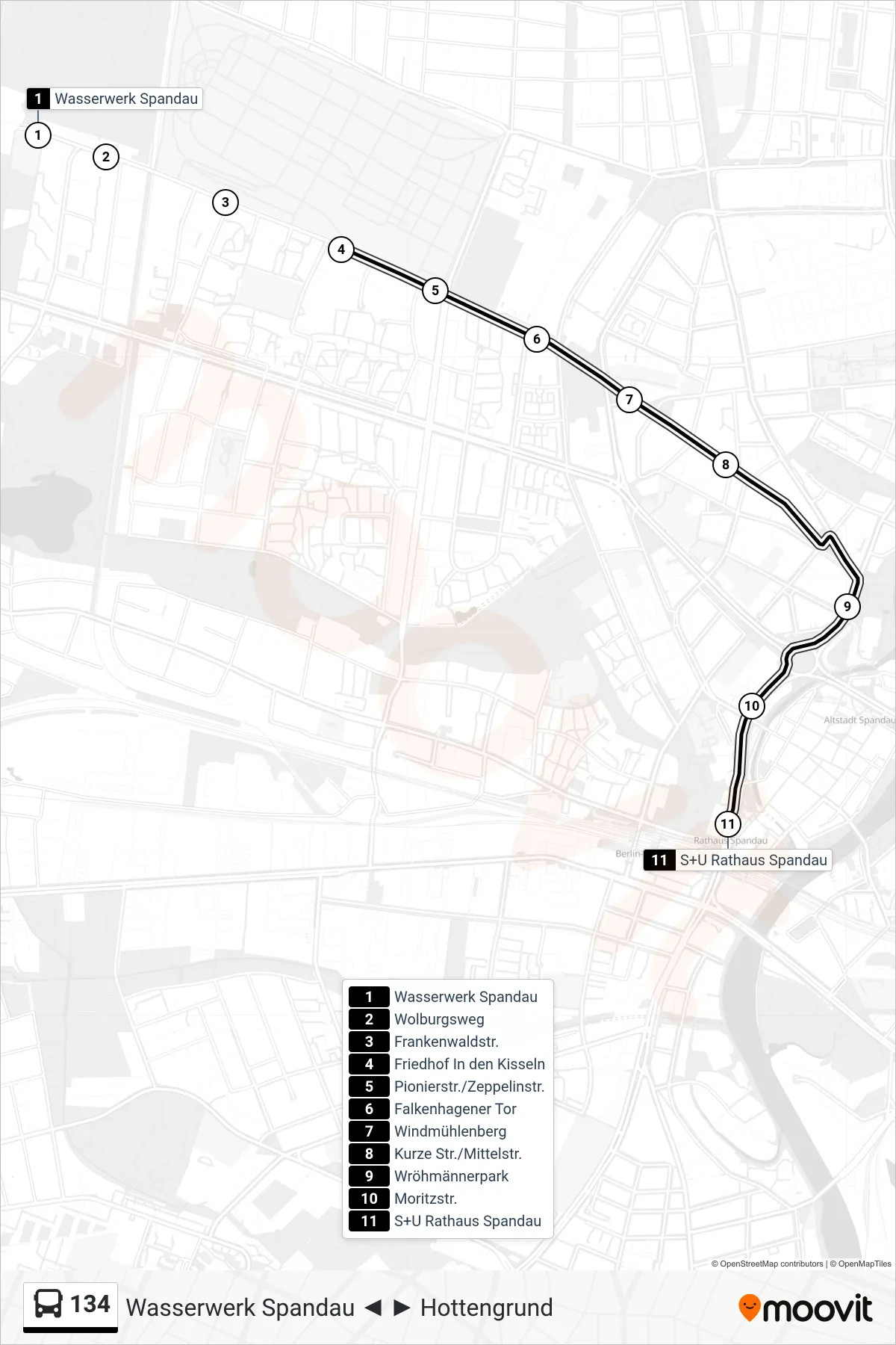 Linie 134 (Bus) Richtung S+U Rathaus Spandau: Route und Haltestellen auf der Karte