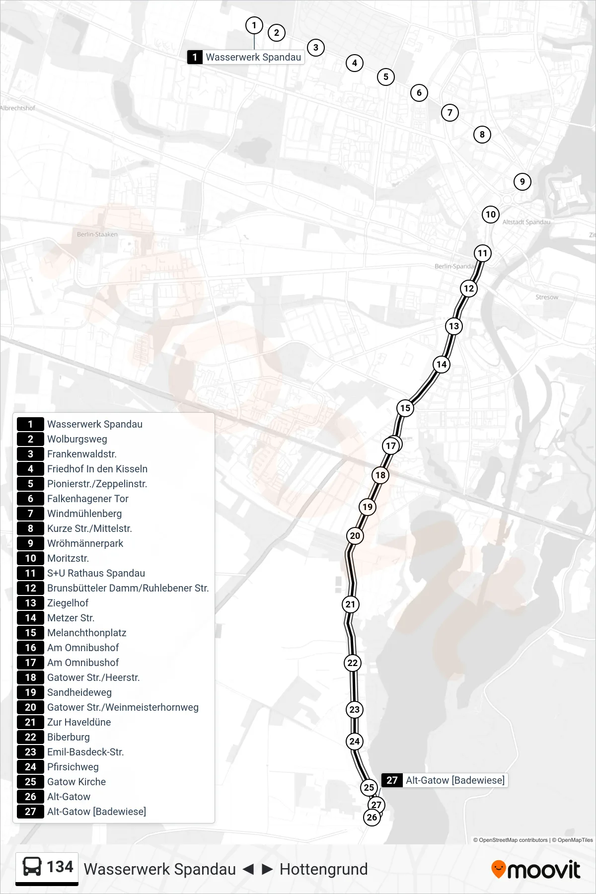 Linie 134 (Bus) Richtung Alt-Gatow [Badewiese]: Route und Haltestellen auf der Karte