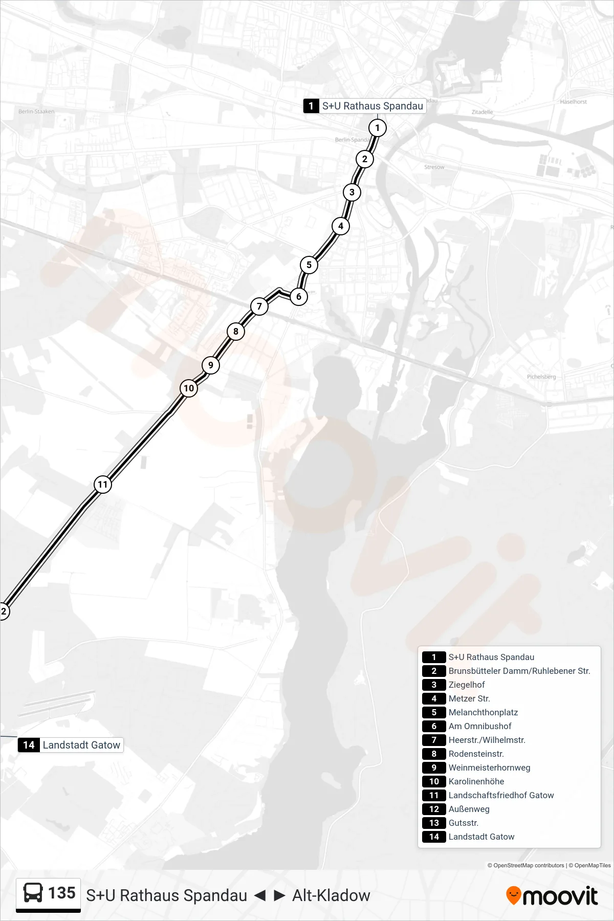 Linie 135 (Bus) Richtung Landstadt Gatow: Route und Haltestellen auf der Karte