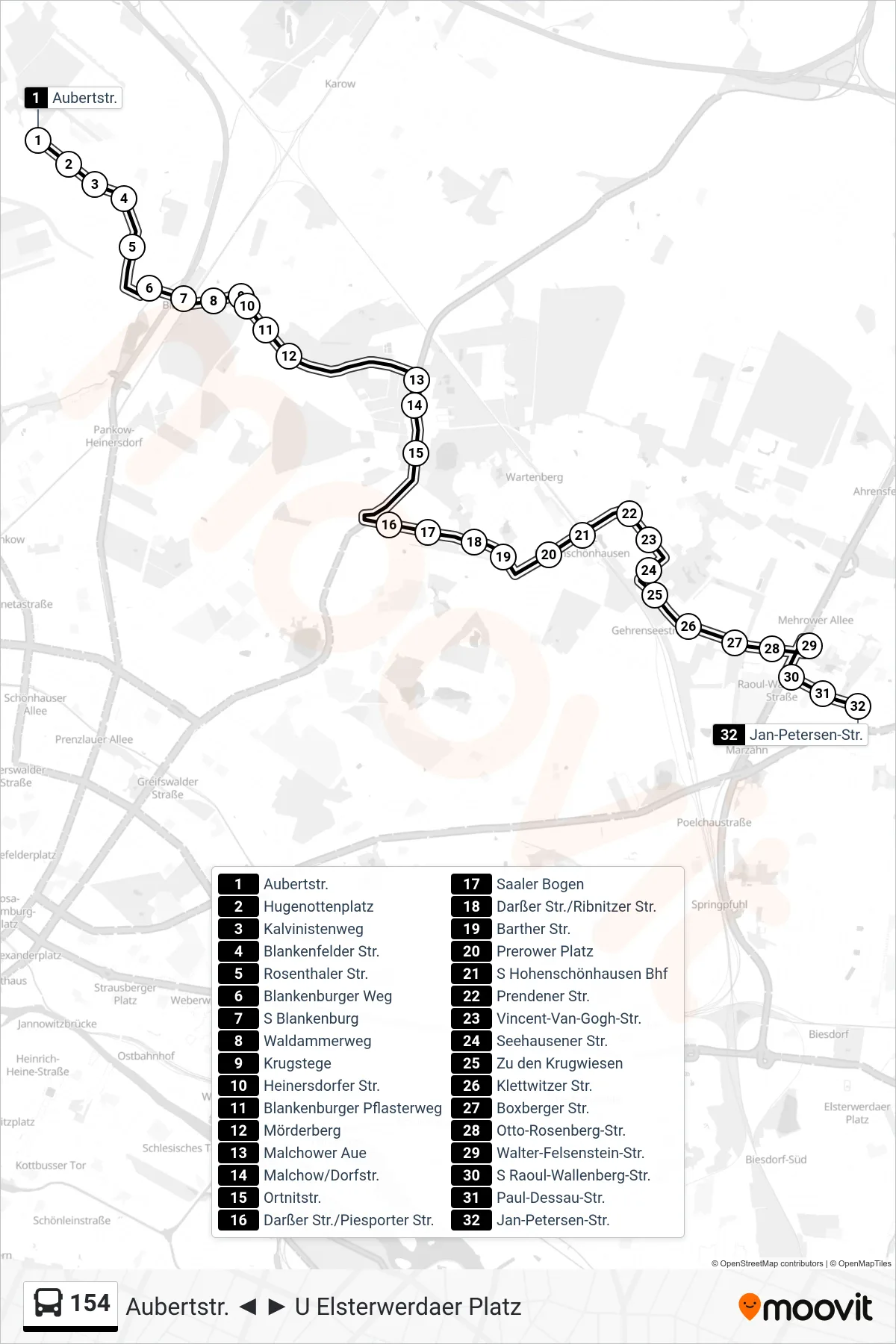 Linie 154 (Bus) Richtung Jan-Petersen-Str.: Route und Haltestellen auf der Karte