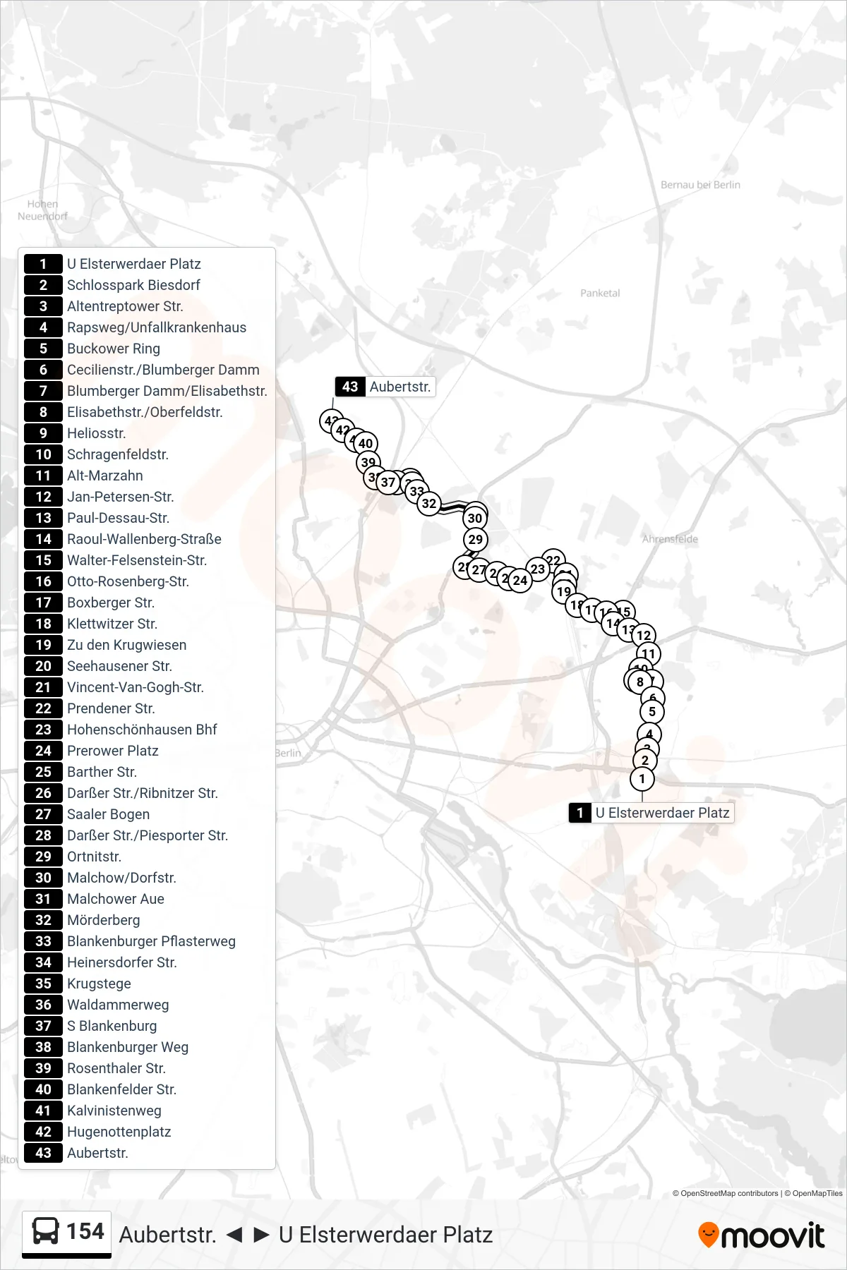 Linie 154 (Bus) Richtung Aubertstr.: Route und Haltestellen auf der Karte