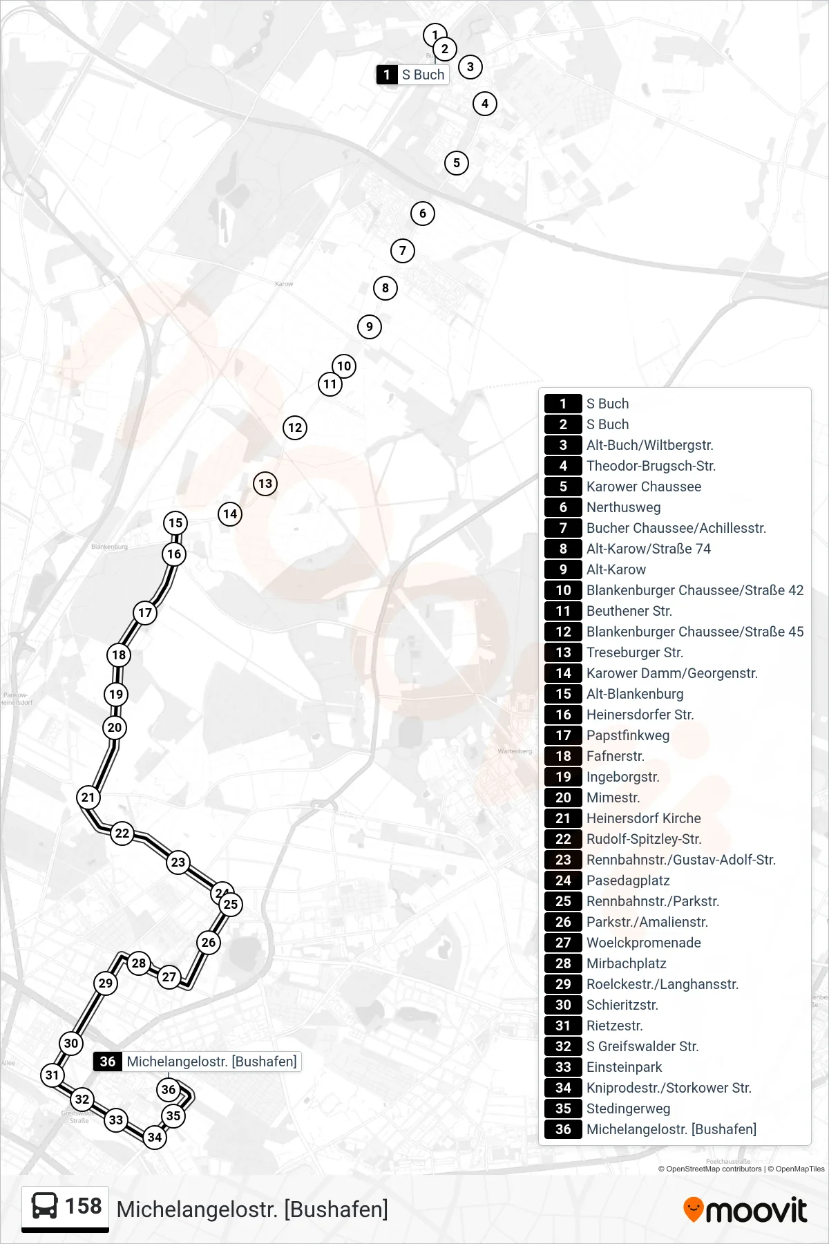 158 bus Line (Michelangelostr. [Bushafen]) route and stops on a map