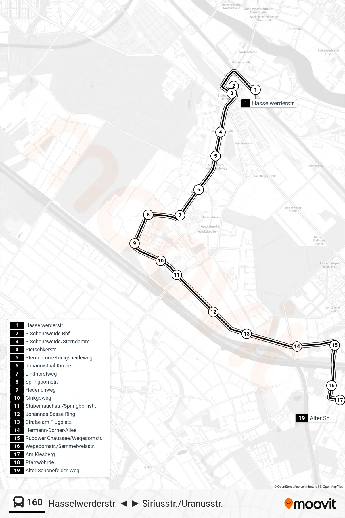 Linie 160 (Bus) Richtung Alter Schönefelder Weg: Route und Haltestellen auf der Karte