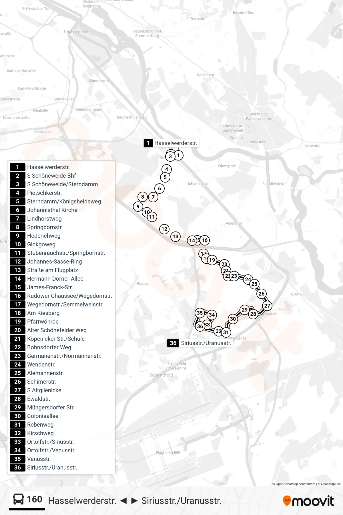 Linie 160 (Bus) Richtung Siriusstr./Uranusstr.: Route und Haltestellen auf der Karte