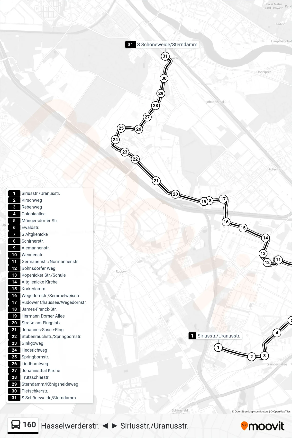 Linie 160 (Bus) Richtung S Schöneweide/Sterndamm: Route und Haltestellen auf der Karte