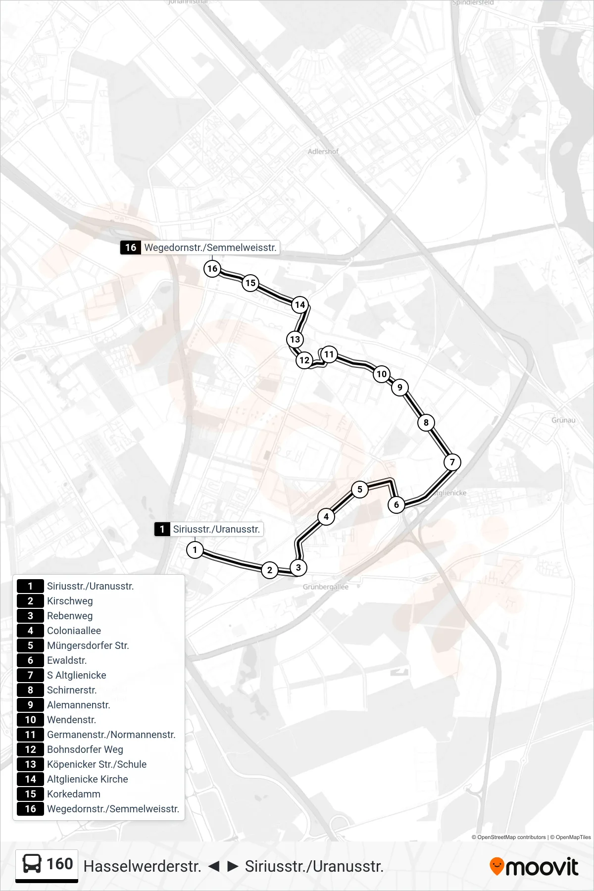 Linie 160 (Bus) Richtung Wegedornstr./Semmelweisstr.: Route und Haltestellen auf der Karte