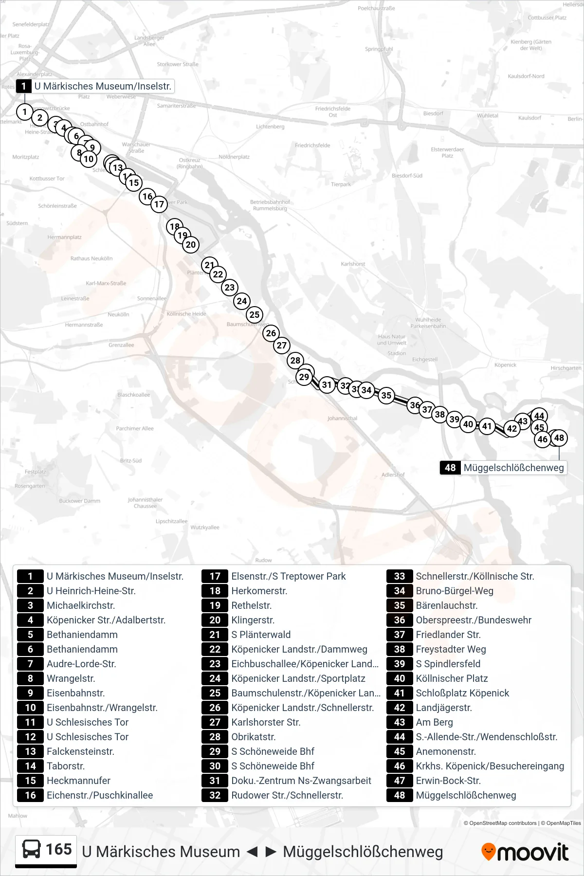 Linie 165 (Bus) Richtung Müggelschlößchenweg: Route und Haltestellen auf der Karte