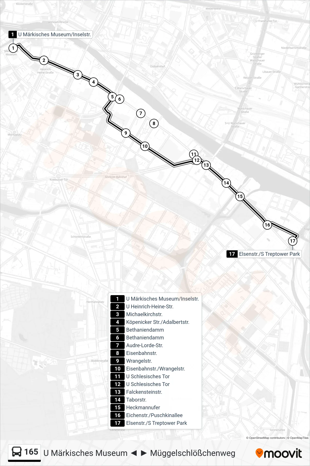 Linie 165 (Bus) Richtung Elsenstr./S Treptower Park: Route und Haltestellen auf der Karte