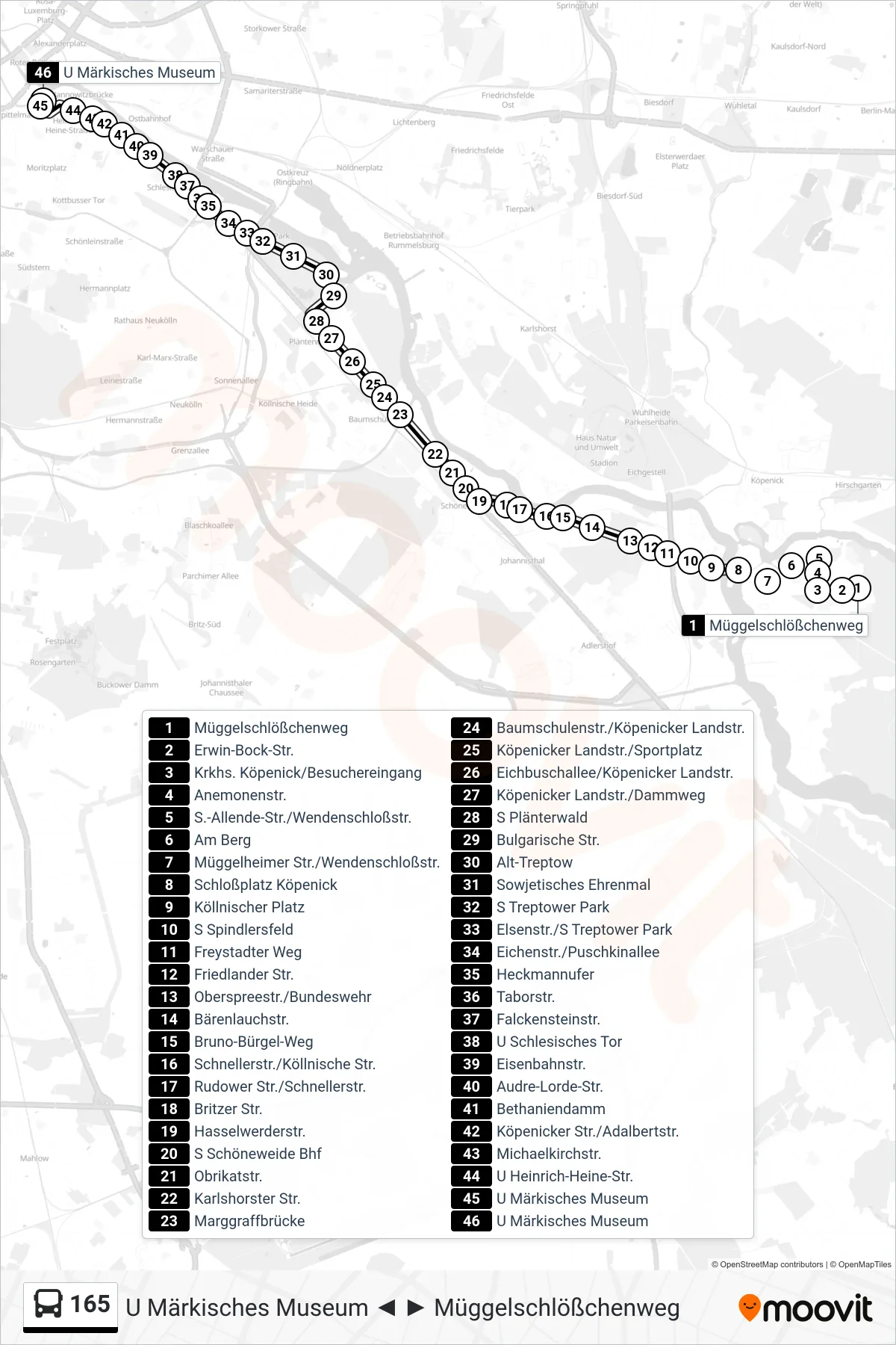 165 bus Line (U Märkisches Museum) route and stops on a map