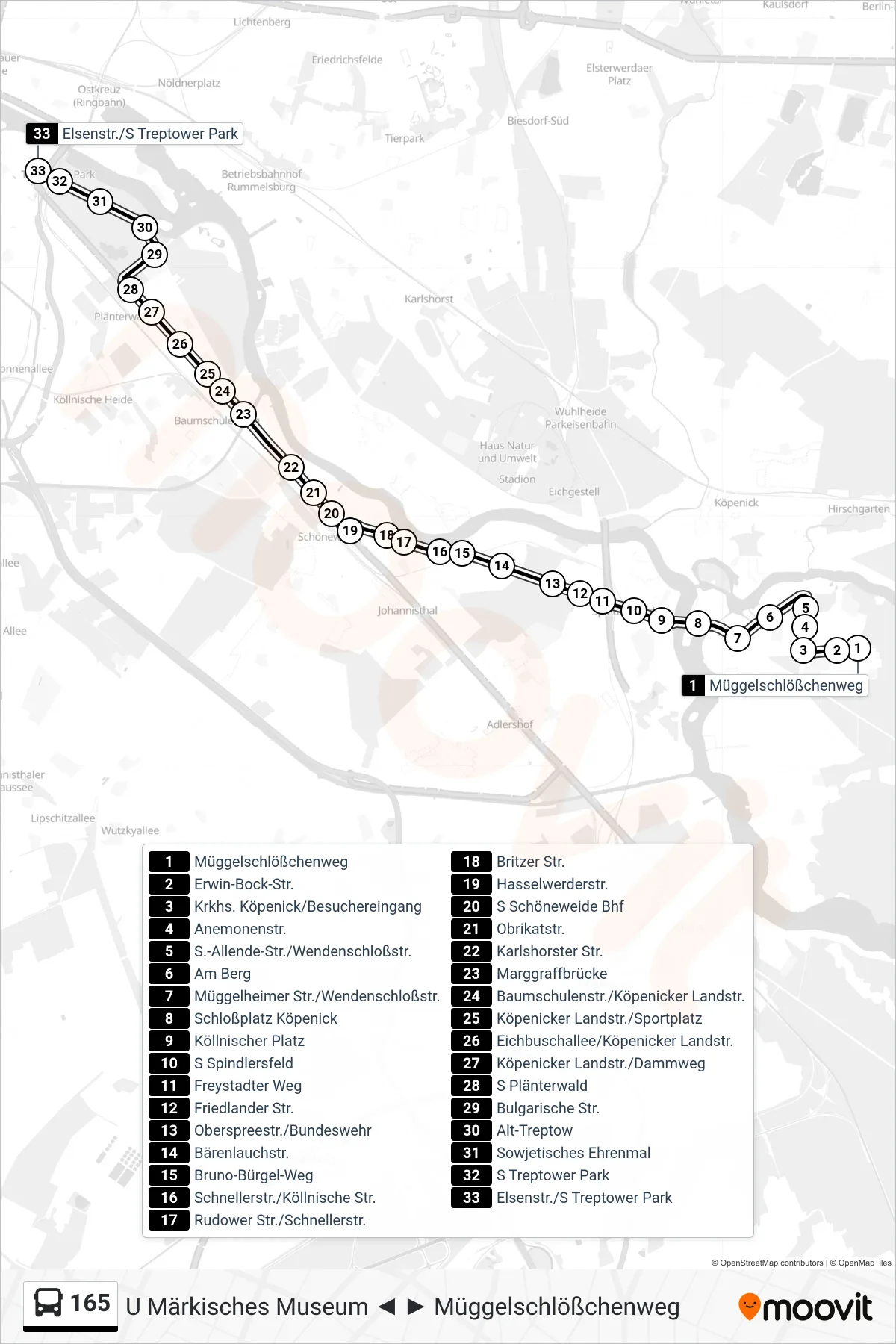165 bus Line (Elsenstr./S Treptower Park) route and stops on a map