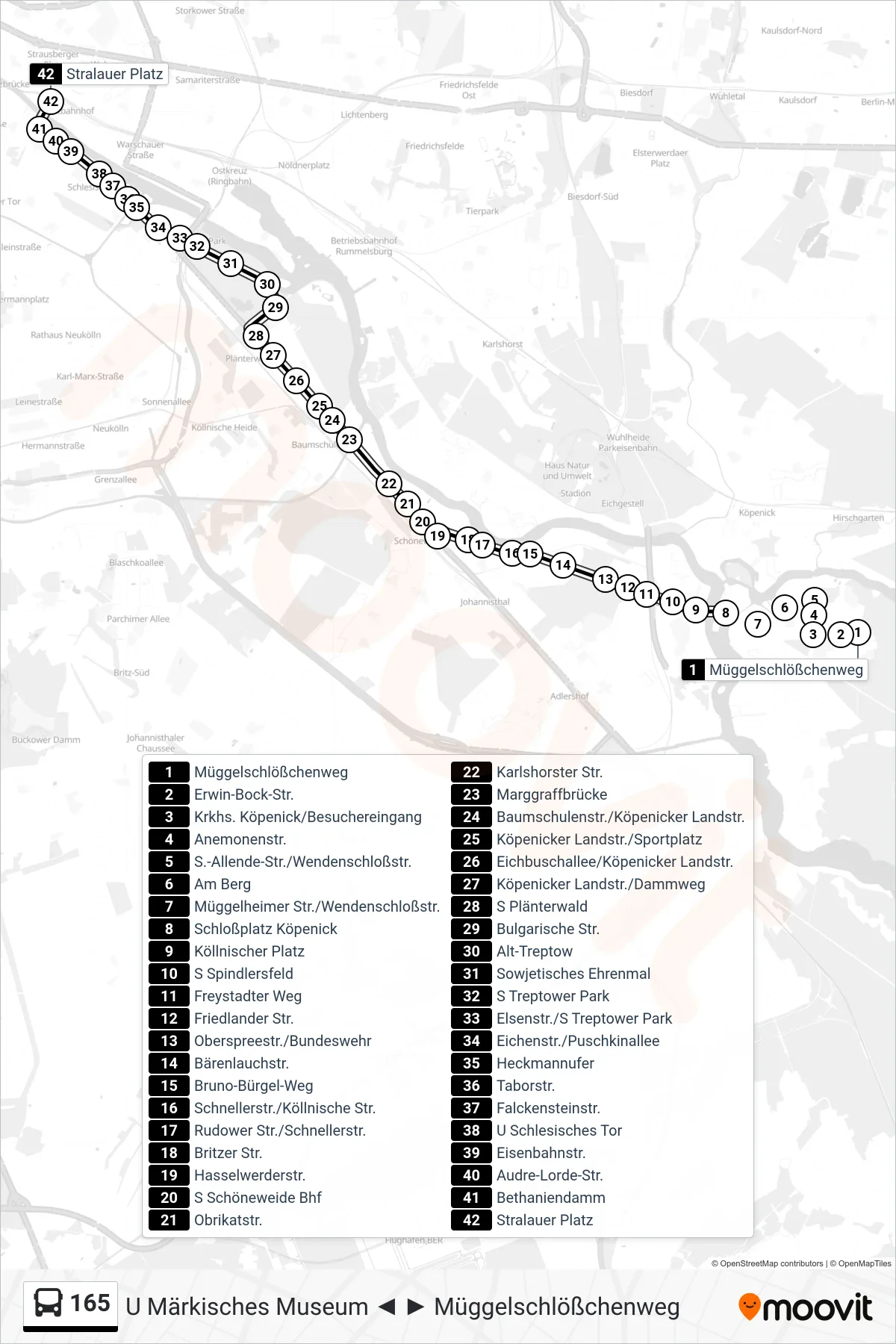 Linie 165 (Bus) Richtung Stralauer Platz: Route und Haltestellen auf der Karte