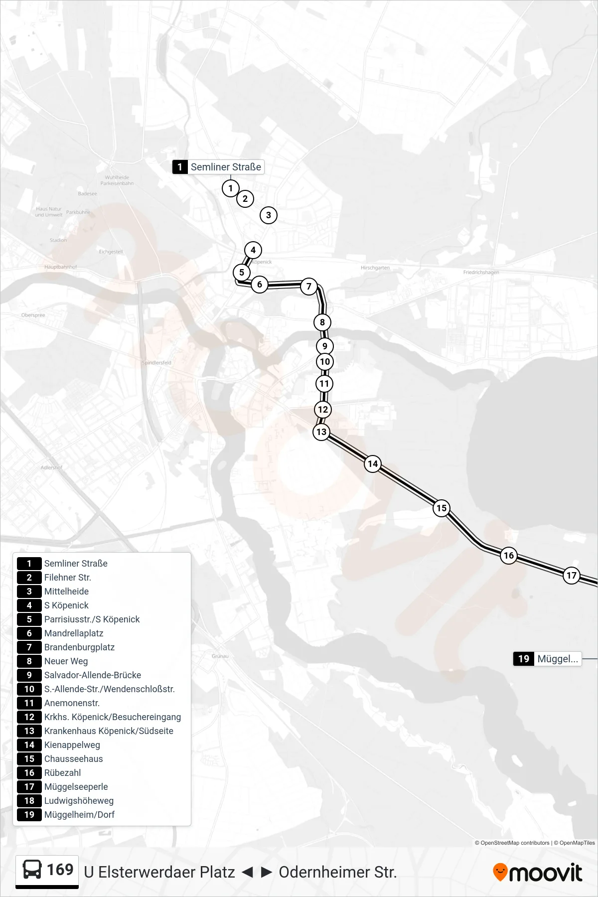 Linie 169 (Bus) Richtung Müggelheim/Dorf: Route und Haltestellen auf der Karte