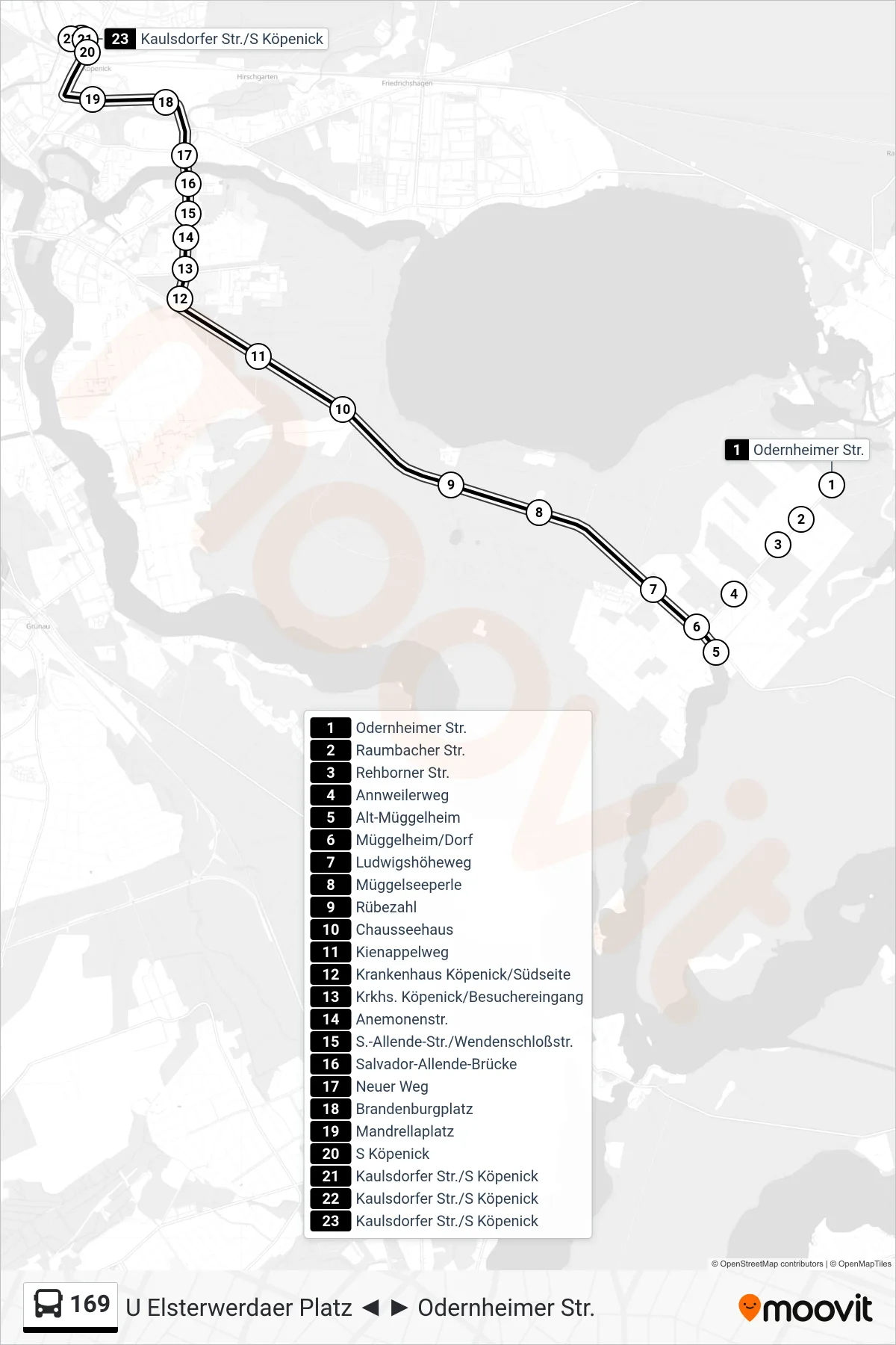 Linie 169 (Bus) Richtung Kaulsdorfer Str./S Köpenick: Route und Haltestellen auf der Karte