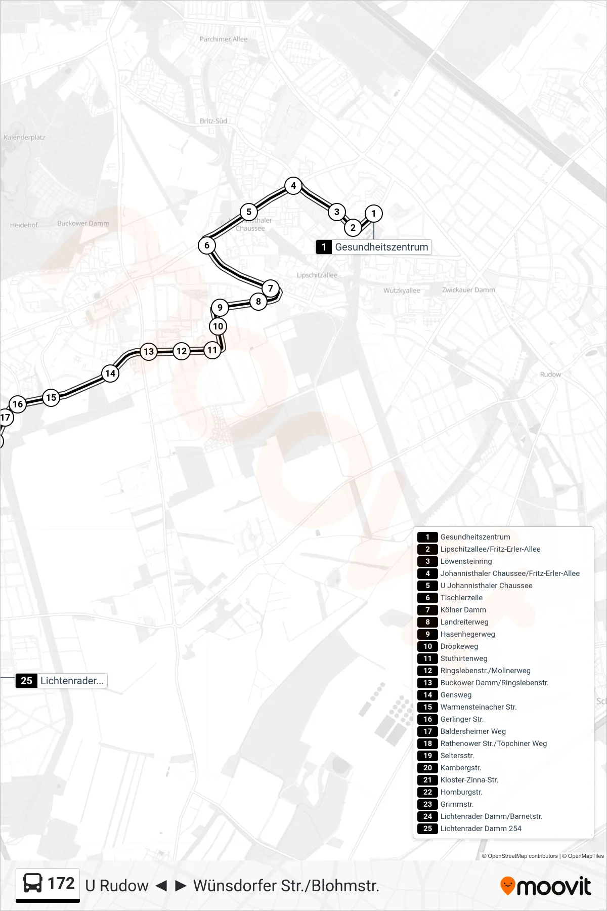 Linie 172 (Bus) Richtung Lichtenrader Damm 254: Route und Haltestellen auf der Karte