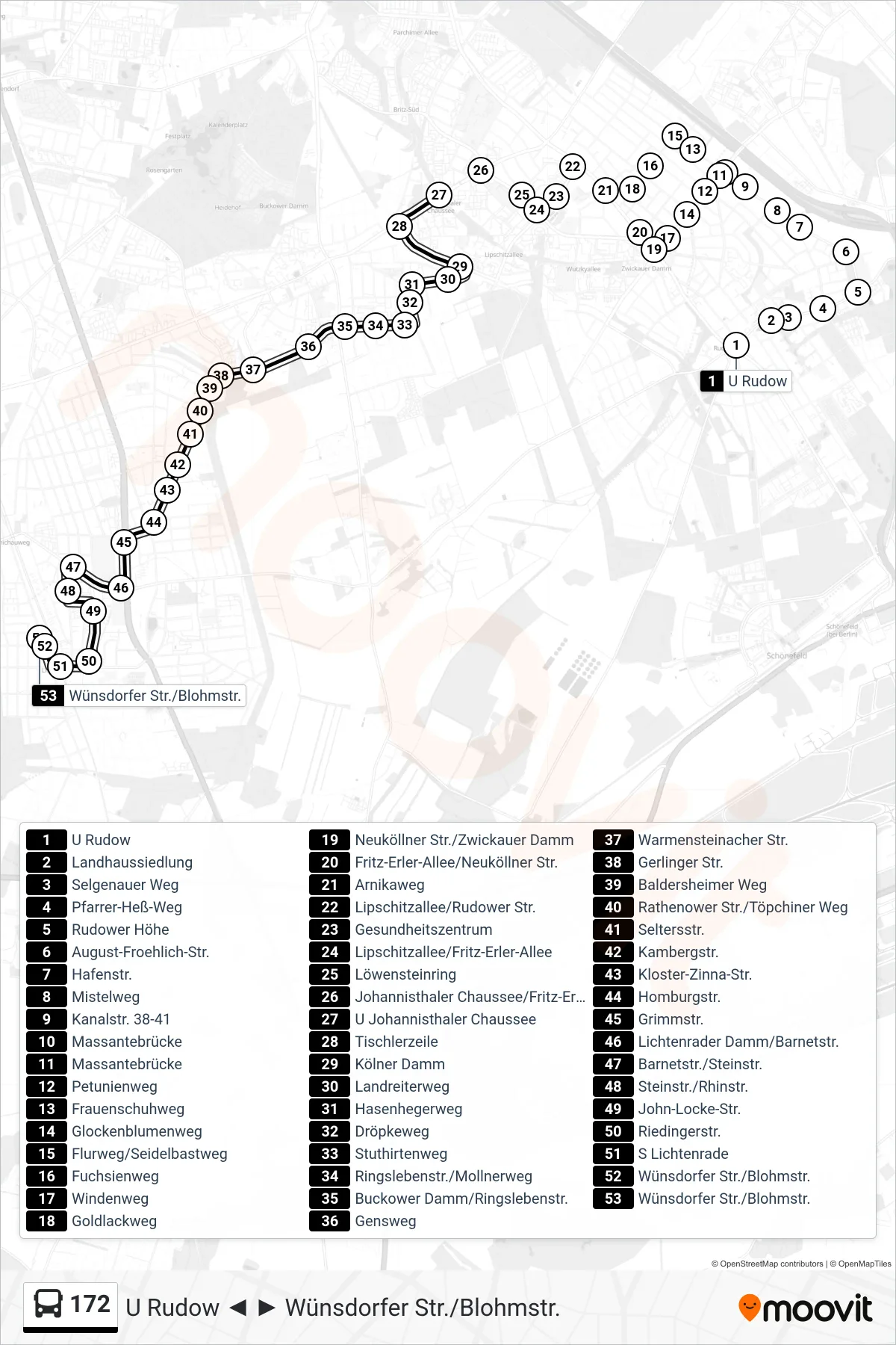 Linie 172 (Bus) Richtung Wünsdorfer Str./Blohmstr.: Route und Haltestellen auf der Karte