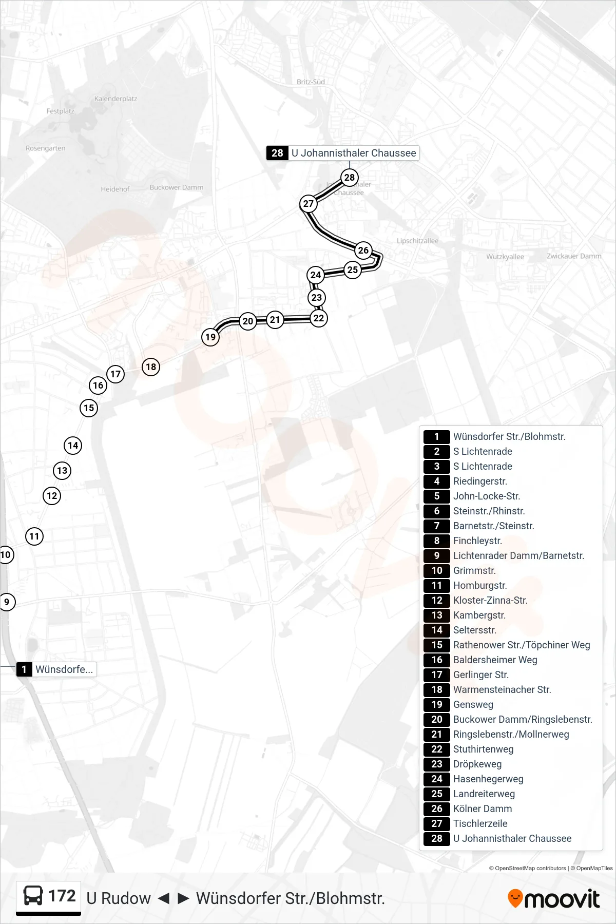 Linie 172 (Bus) Richtung U Johannisthaler Chaussee: Route und Haltestellen auf der Karte