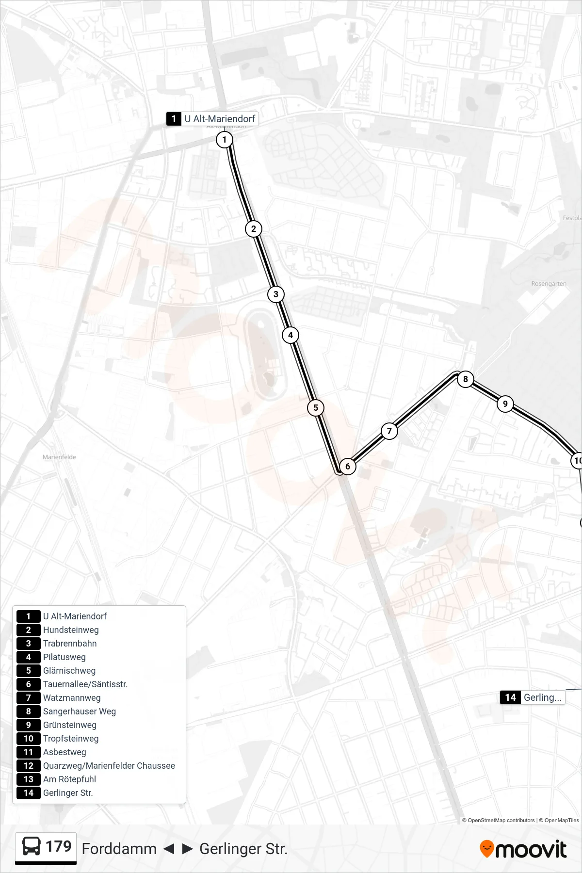 Linie 179 (Bus) Richtung Gerlinger Str.: Route und Haltestellen auf der Karte