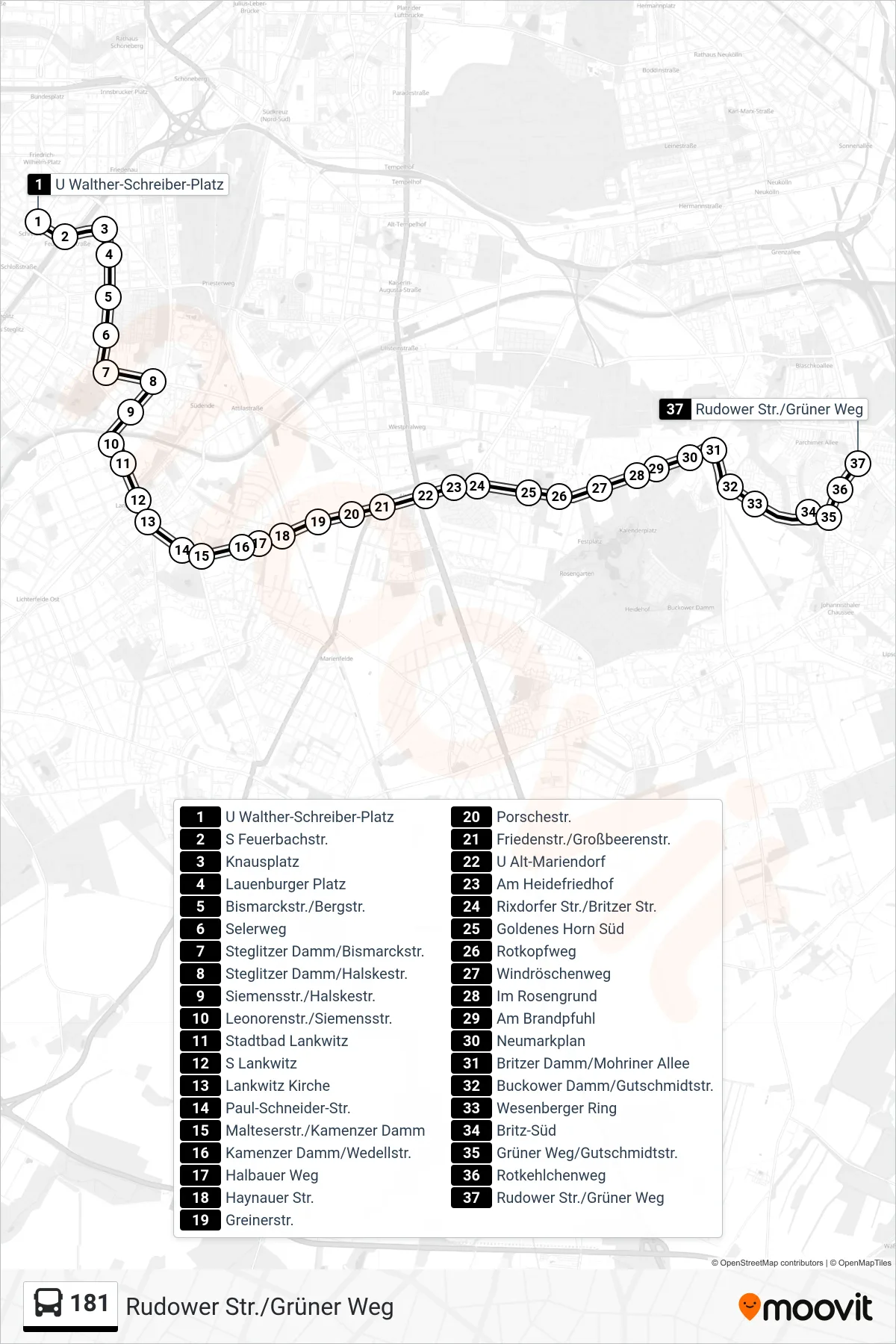 181 bus Line (Rudower Str./Grüner Weg) route and stops on a map