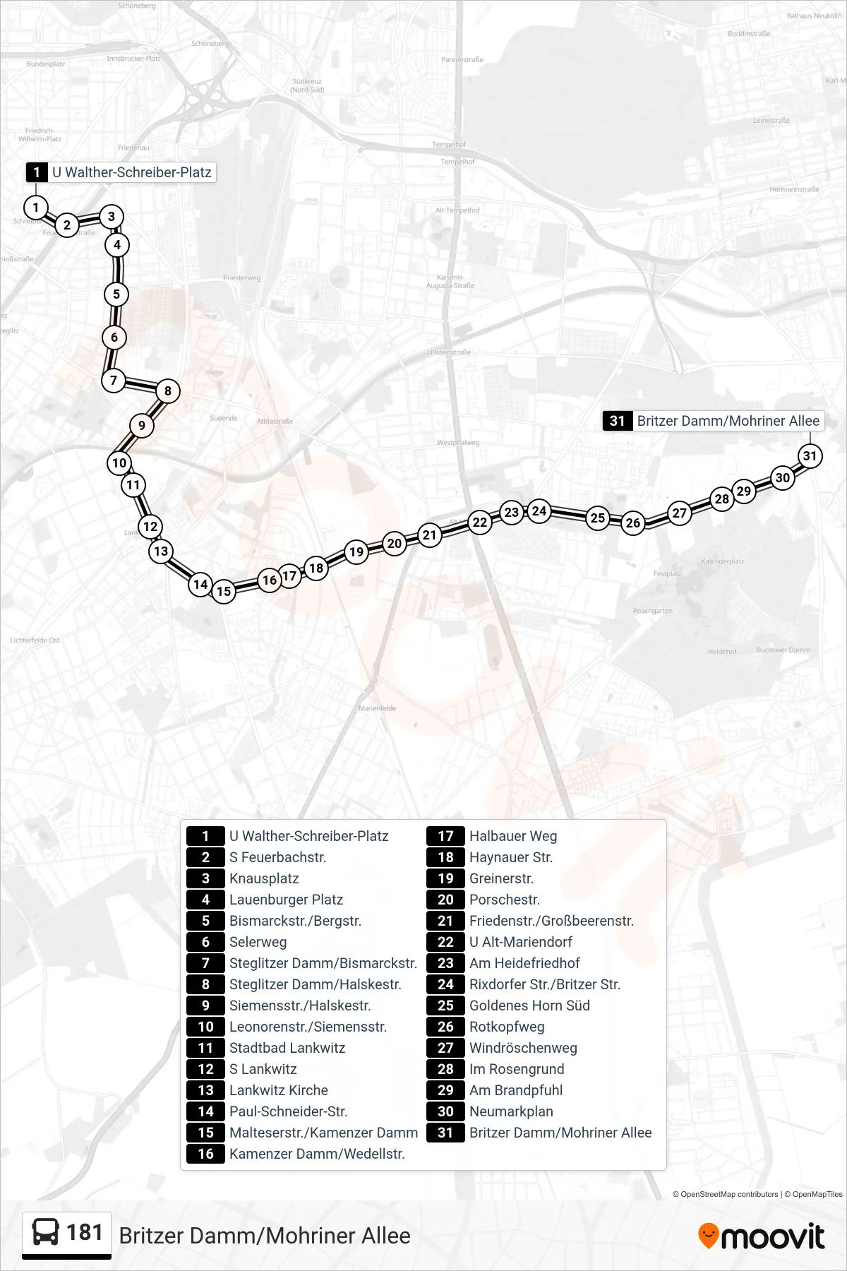 Linie 181 (Bus) Richtung Britzer Damm/Mohriner Allee: Route und Haltestellen auf der Karte