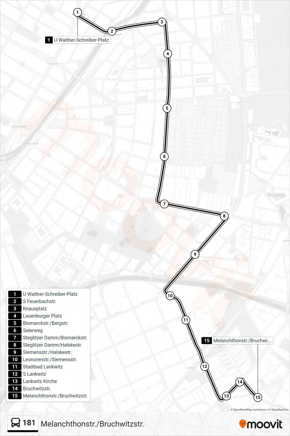 Linie 181 (Bus) Richtung Melanchthonstr./Bruchwitzstr.: Route und Haltestellen auf der Karte