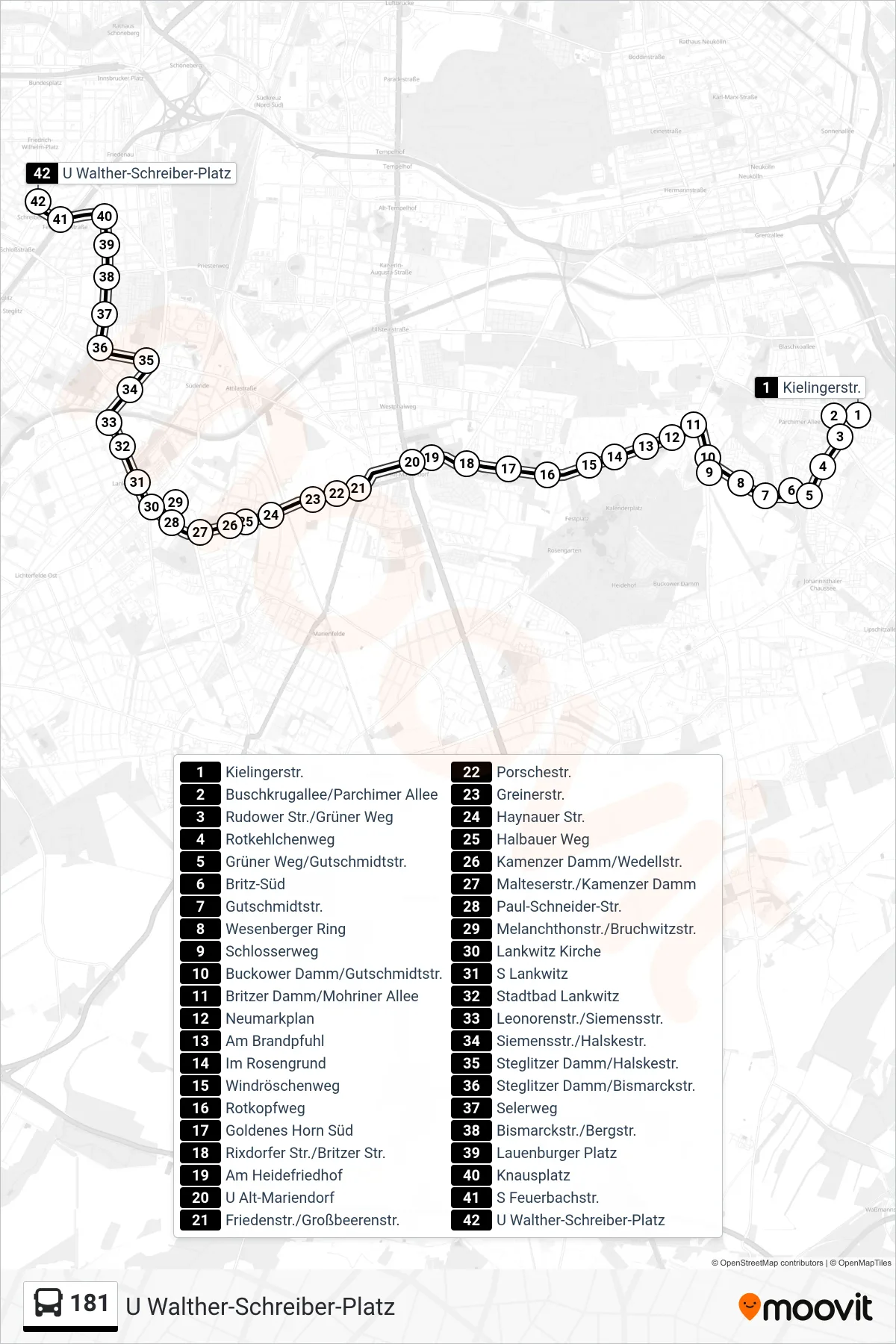 Linie 181 (Bus) Richtung U Walther-Schreiber-Platz: Route und Haltestellen auf der Karte