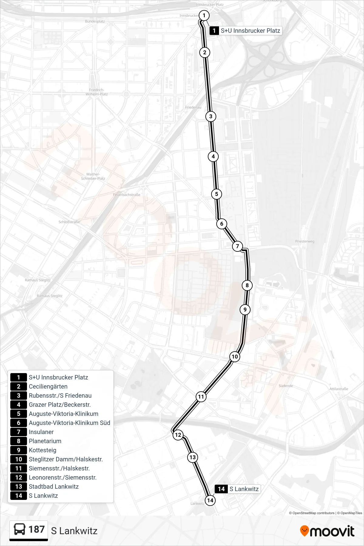 Linie 187 (Bus) Richtung S Lankwitz: Route und Haltestellen auf der Karte