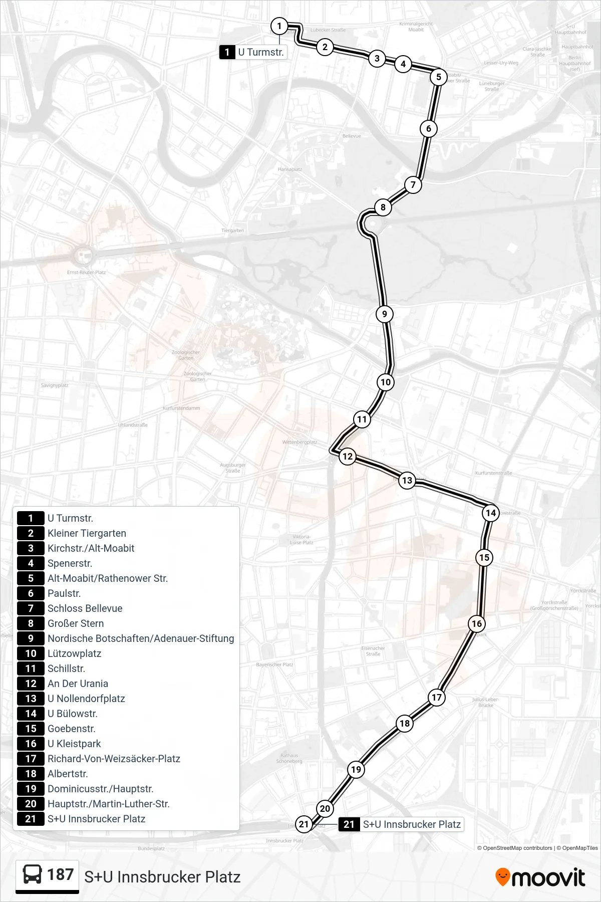 Linie 187 (Bus) Richtung S+U Innsbrucker Platz: Route und Haltestellen auf der Karte