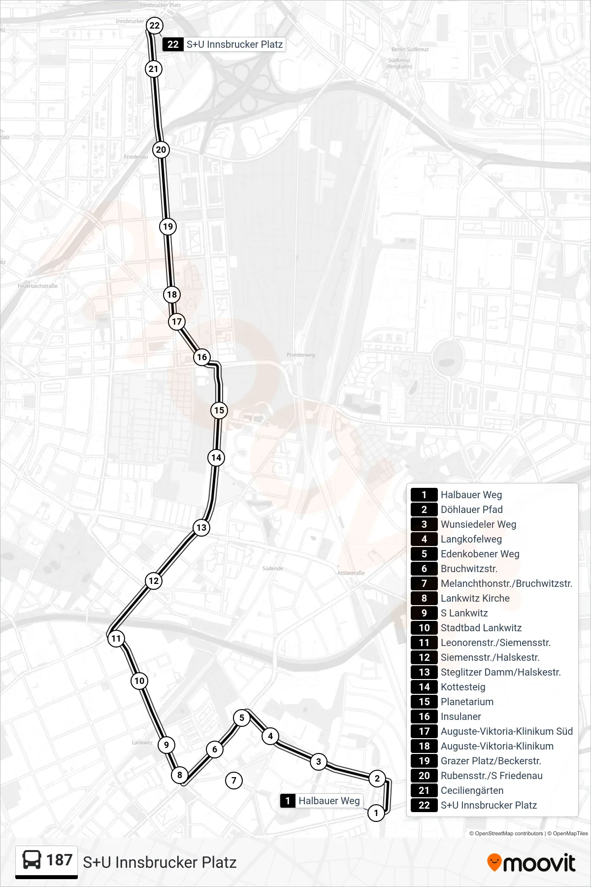 Linie 187 (Bus) Richtung S+U Innsbrucker Platz: Route und Haltestellen auf der Karte