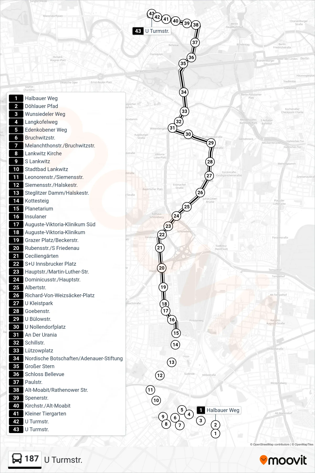 Linie 187 (Bus) Richtung U Turmstr.: Route und Haltestellen auf der Karte