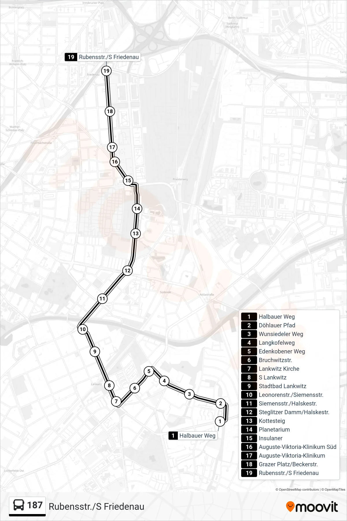 187 bus Line (Rubensstr./S Friedenau) route and stops on a map