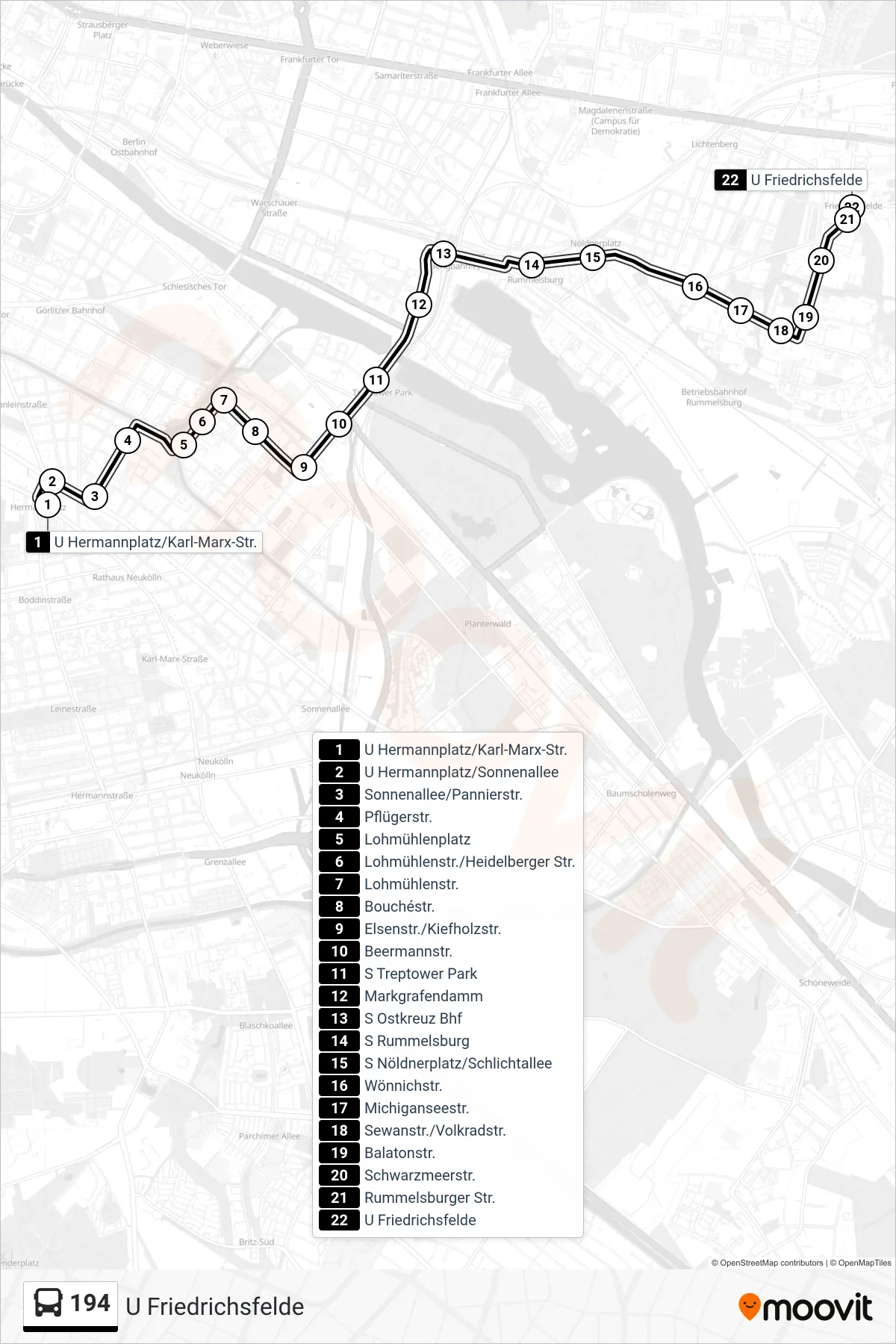 Linie 194 (Bus) Richtung U Friedrichsfelde: Route und Haltestellen auf der Karte