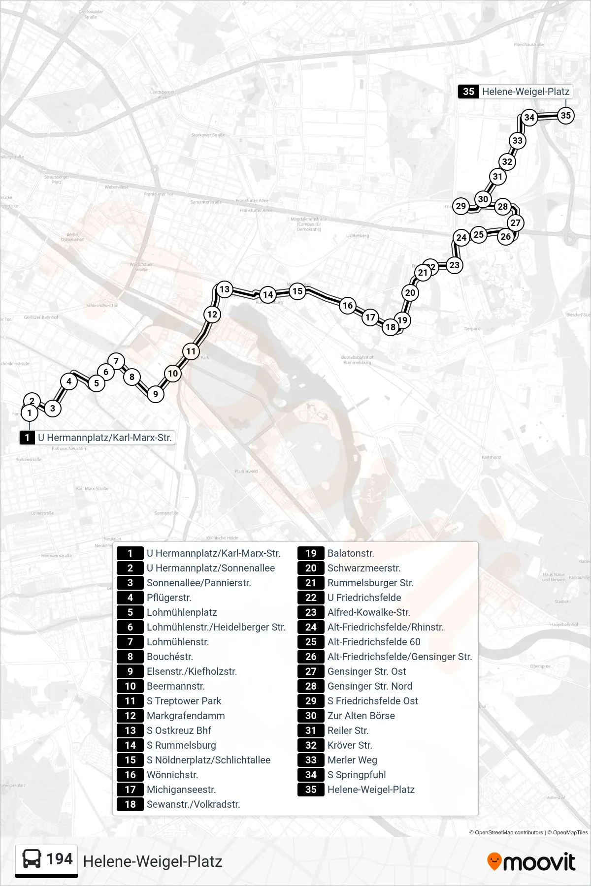 Linie 194 (Bus) Richtung Helene-Weigel-Platz: Route und Haltestellen auf der Karte