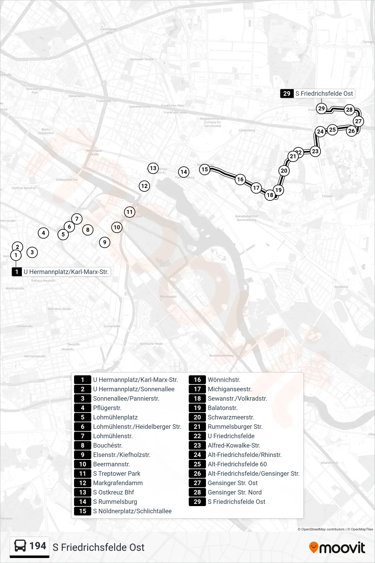 Linie 194 (Bus) Richtung S Friedrichsfelde Ost: Route und Haltestellen auf der Karte