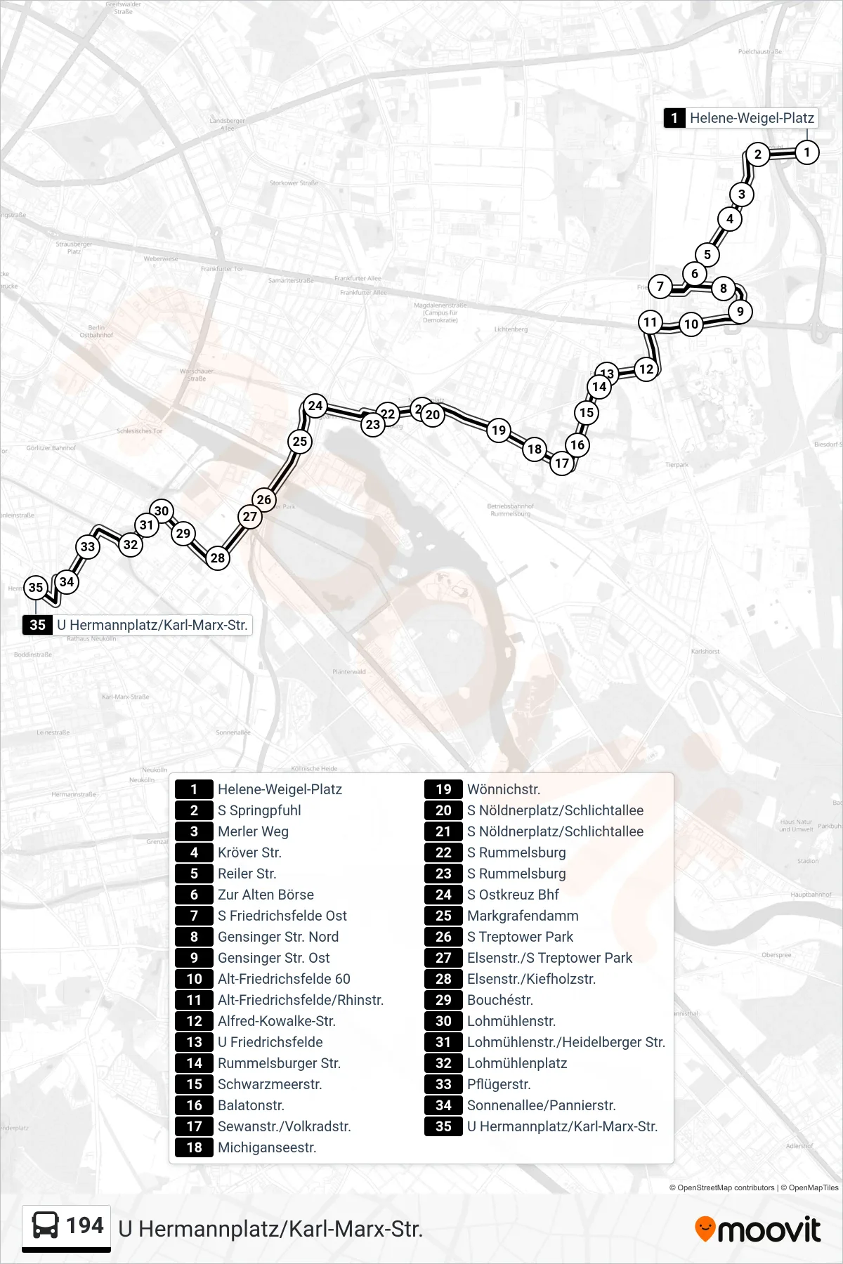 Linie 194 (Bus) Richtung U Hermannplatz/Karl-Marx-Str.: Route und Haltestellen auf der Karte