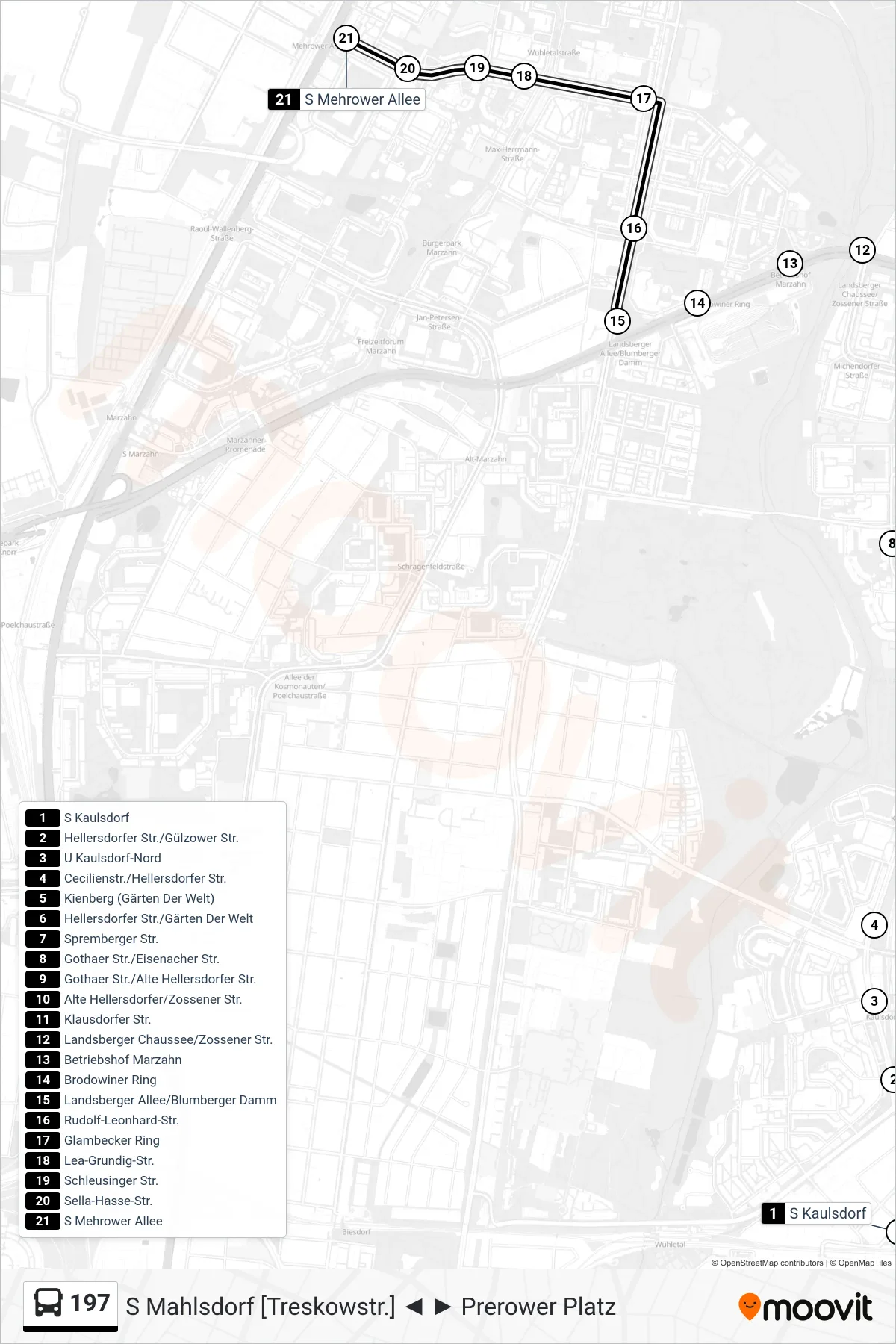 197 bus Line (S Mehrower Allee) route and stops on a map