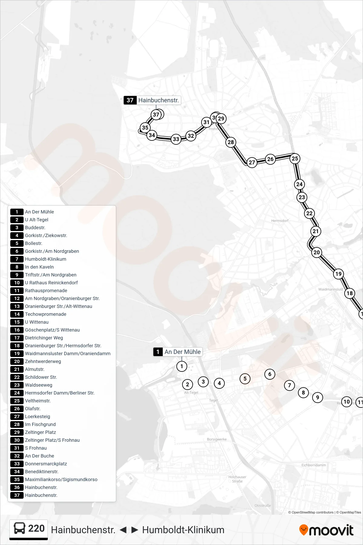 Linie 220 (Bus) Richtung Hainbuchenstr.: Route und Haltestellen auf der Karte