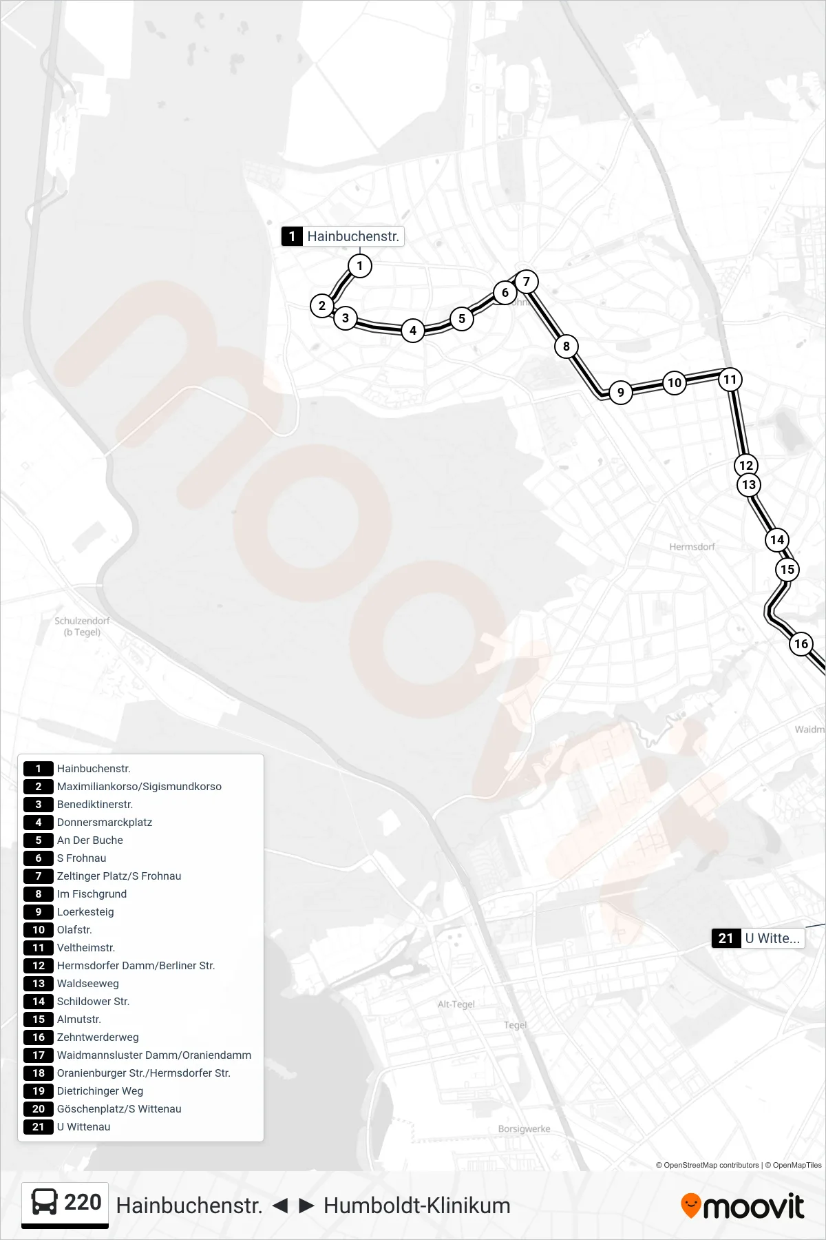 Linie 220 (Bus) Richtung U Wittenau: Route und Haltestellen auf der Karte