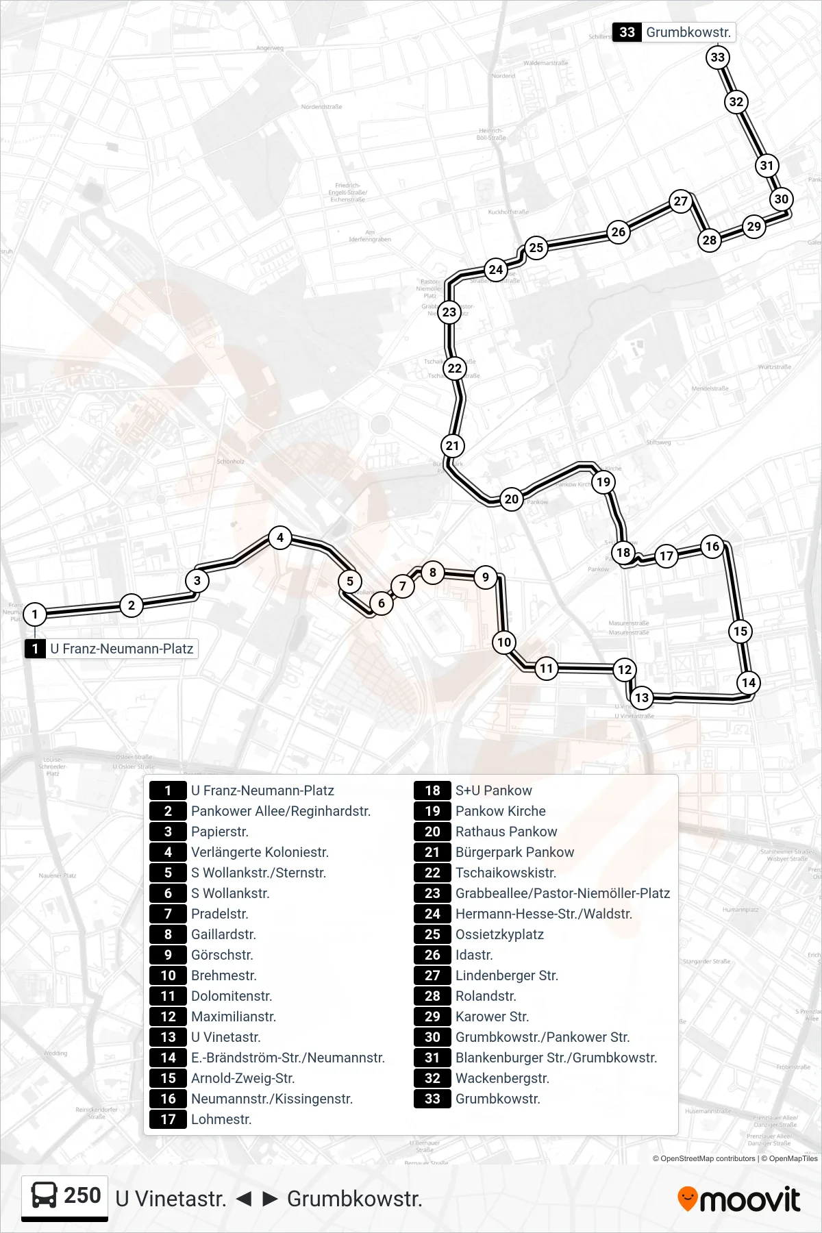 Linie 250 (Bus) Richtung Grumbkowstr.: Route und Haltestellen auf der Karte