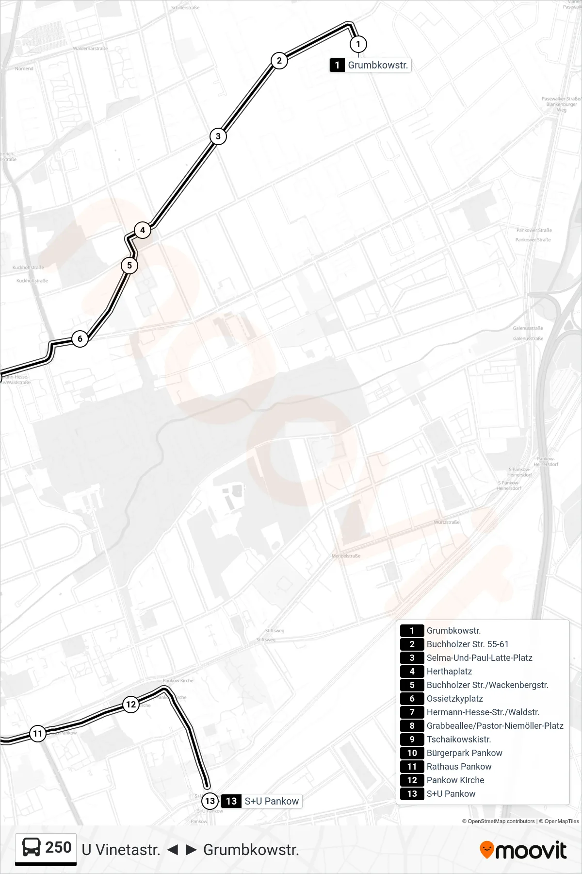 Linie 250 (Bus) Richtung S+U Pankow: Route und Haltestellen auf der Karte
