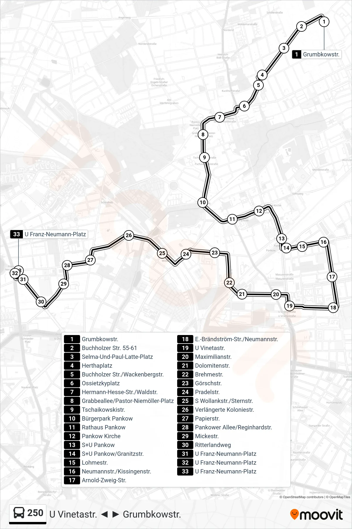 Linie 250 (Bus) Richtung U Franz-Neumann-Platz: Route und Haltestellen auf der Karte