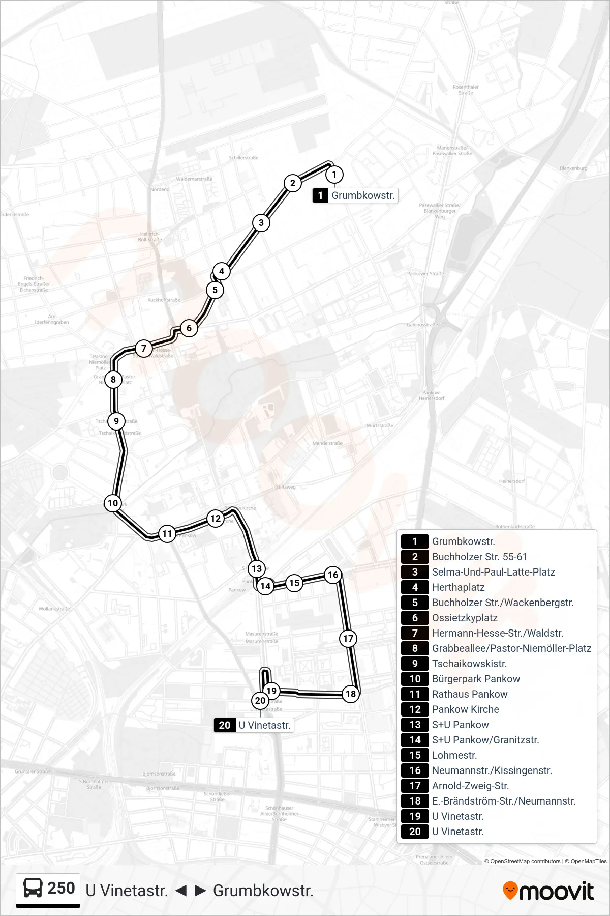 Linie 250 (Bus) Richtung U Vinetastr.: Route und Haltestellen auf der Karte