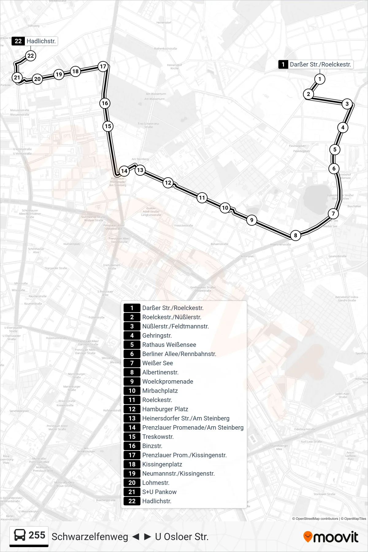 Linie 255 (Bus) Richtung Hadlichstr.: Route und Haltestellen auf der Karte