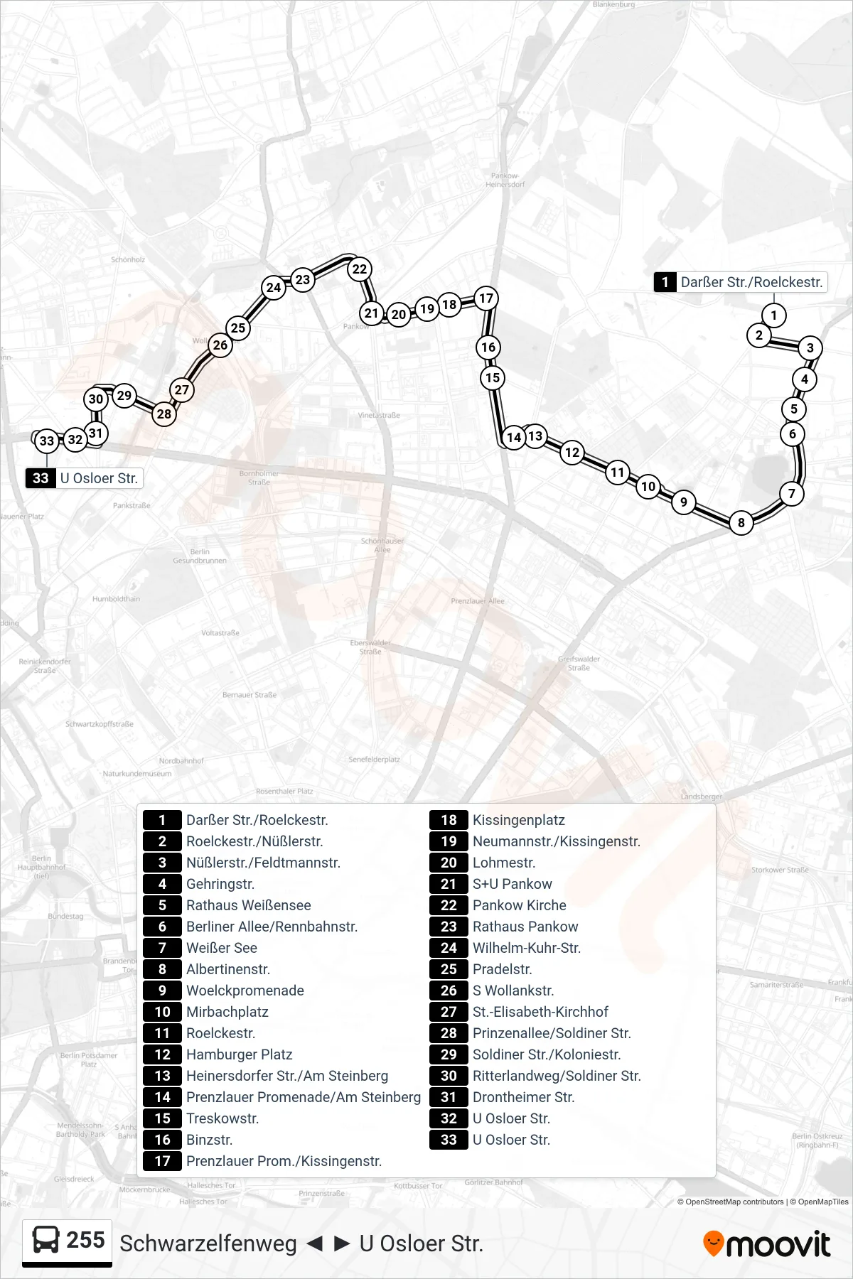 Linie 255 (Bus) Richtung U Osloer Str.: Route und Haltestellen auf der Karte