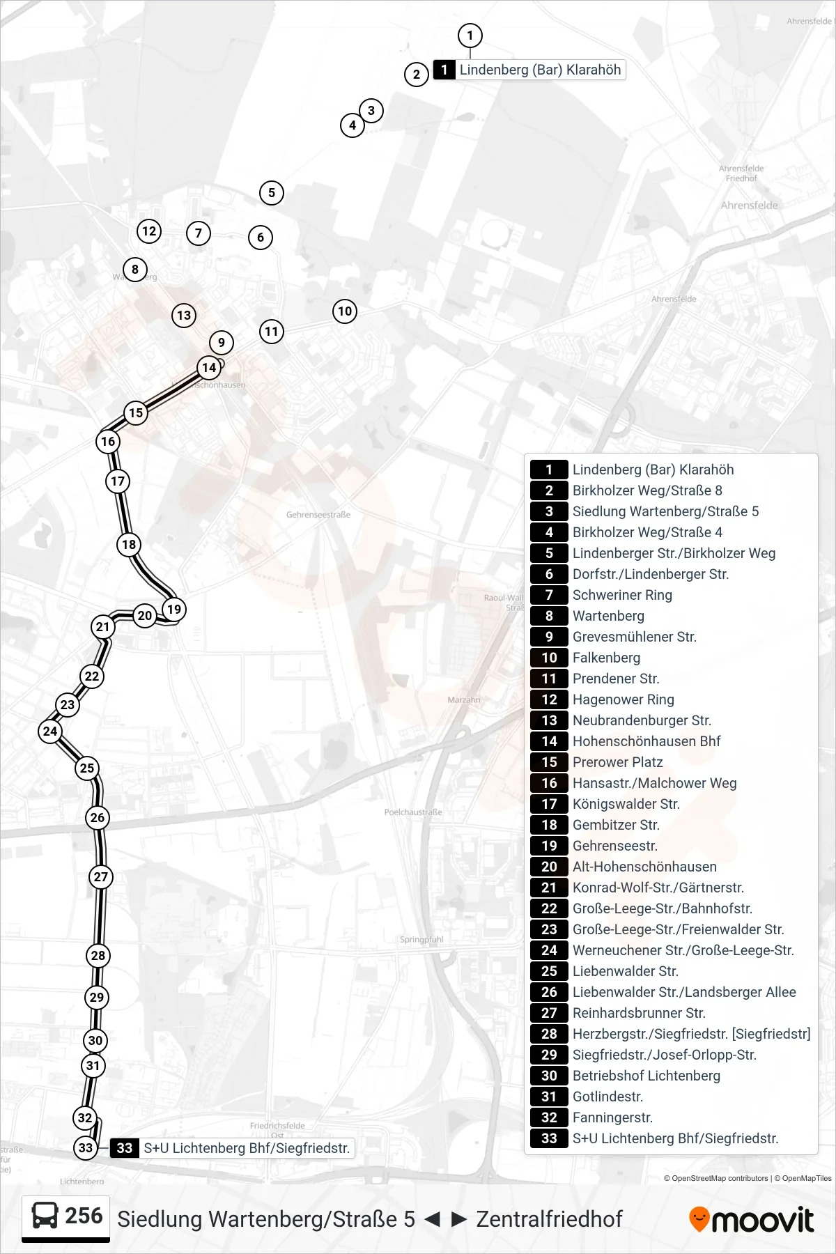 Linie 256 (Bus) Richtung S+U Lichtenberg Bhf/Siegfriedstr.: Route und Haltestellen auf der Karte