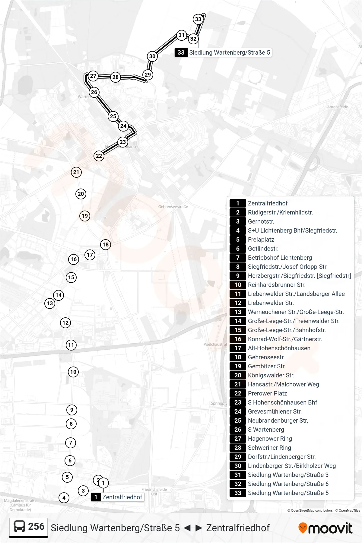 256 bus Line (Siedlung Wartenberg/Straße 5) route and stops on a map