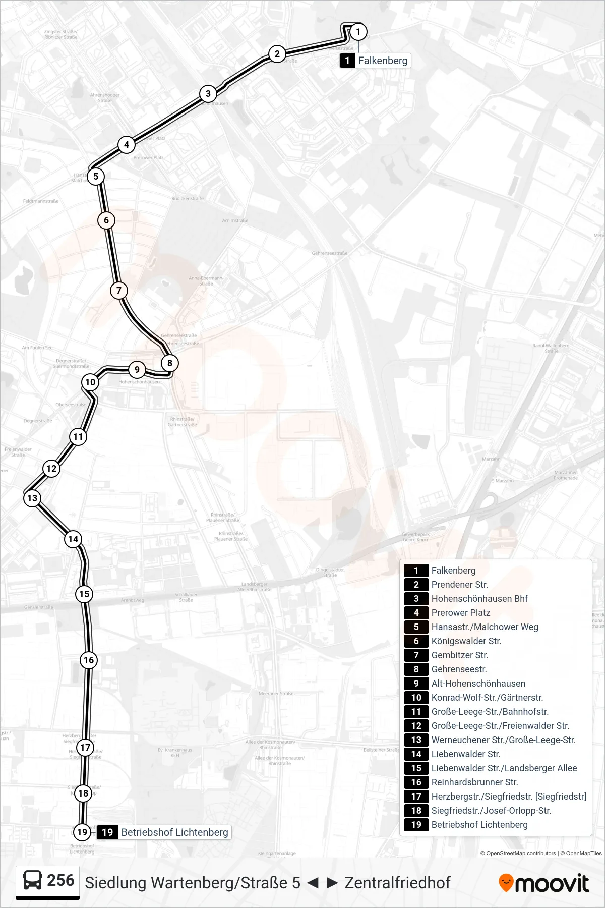 Linie 256 (Bus) Richtung Betriebshof Lichtenberg: Route und Haltestellen auf der Karte