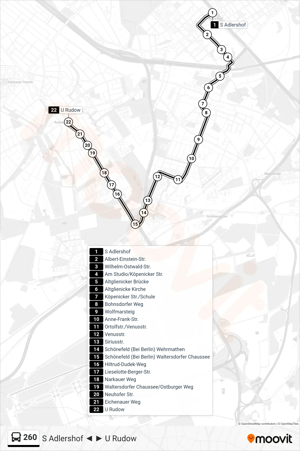 260 bus Line (U Rudow) route and stops on a map