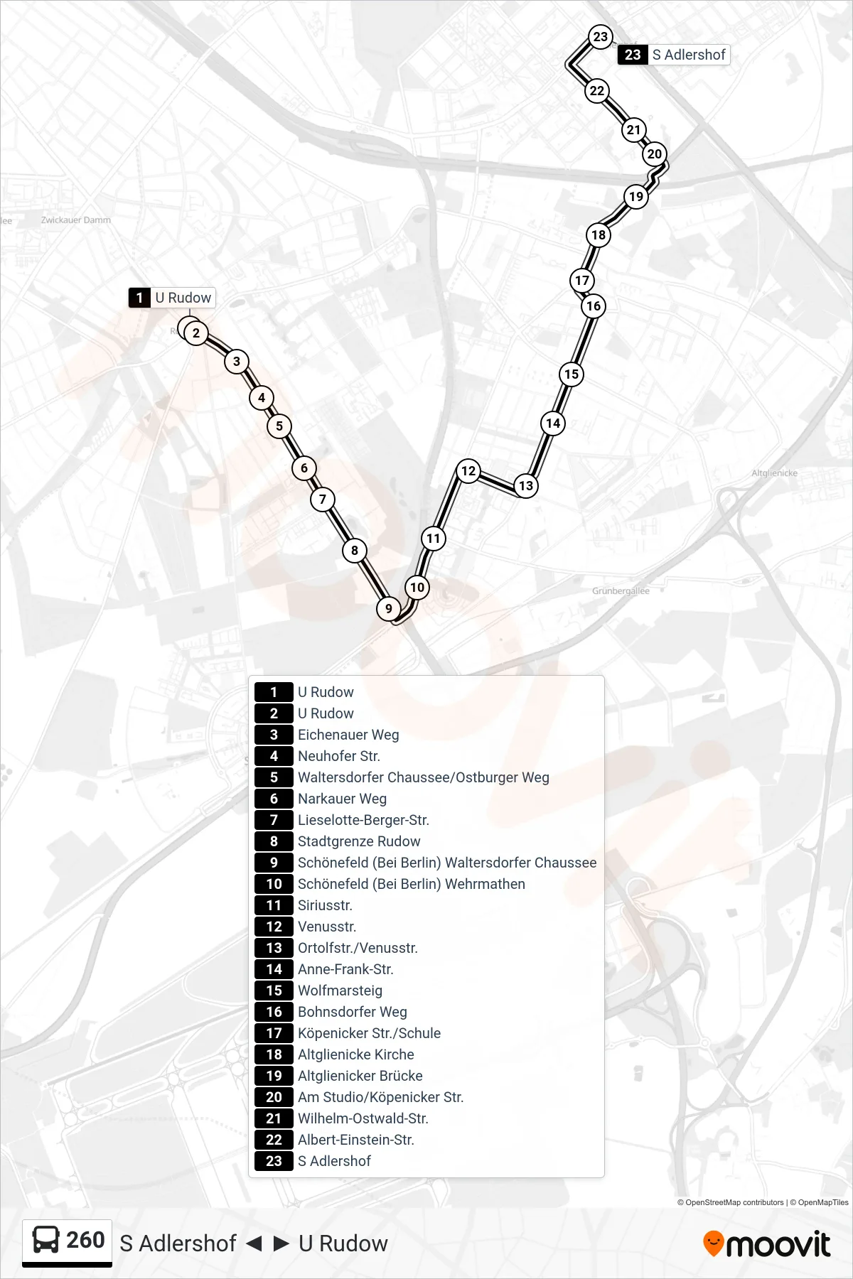 Linie 260 (Bus) Richtung S Adlershof: Route und Haltestellen auf der Karte