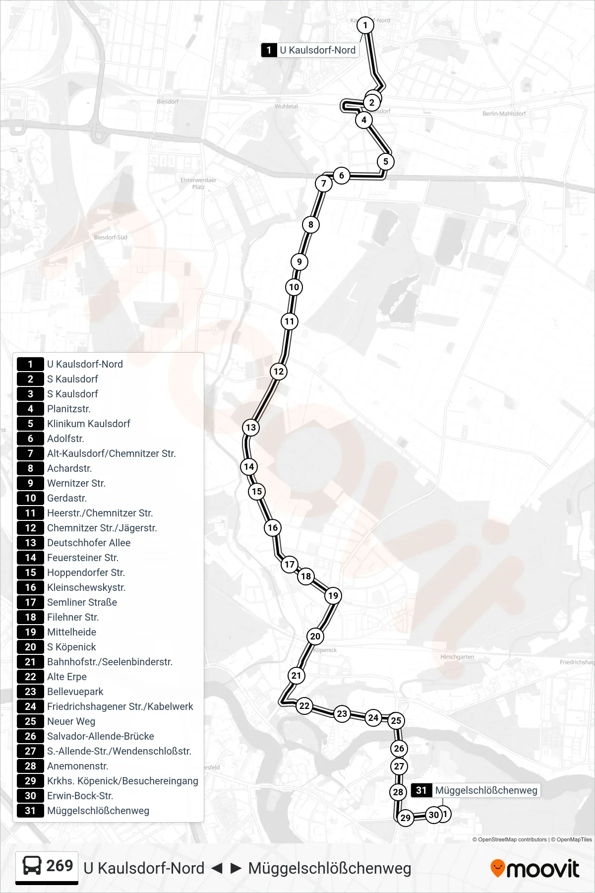 Linie 269 (Bus) Richtung Müggelschlößchenweg: Route und Haltestellen auf der Karte